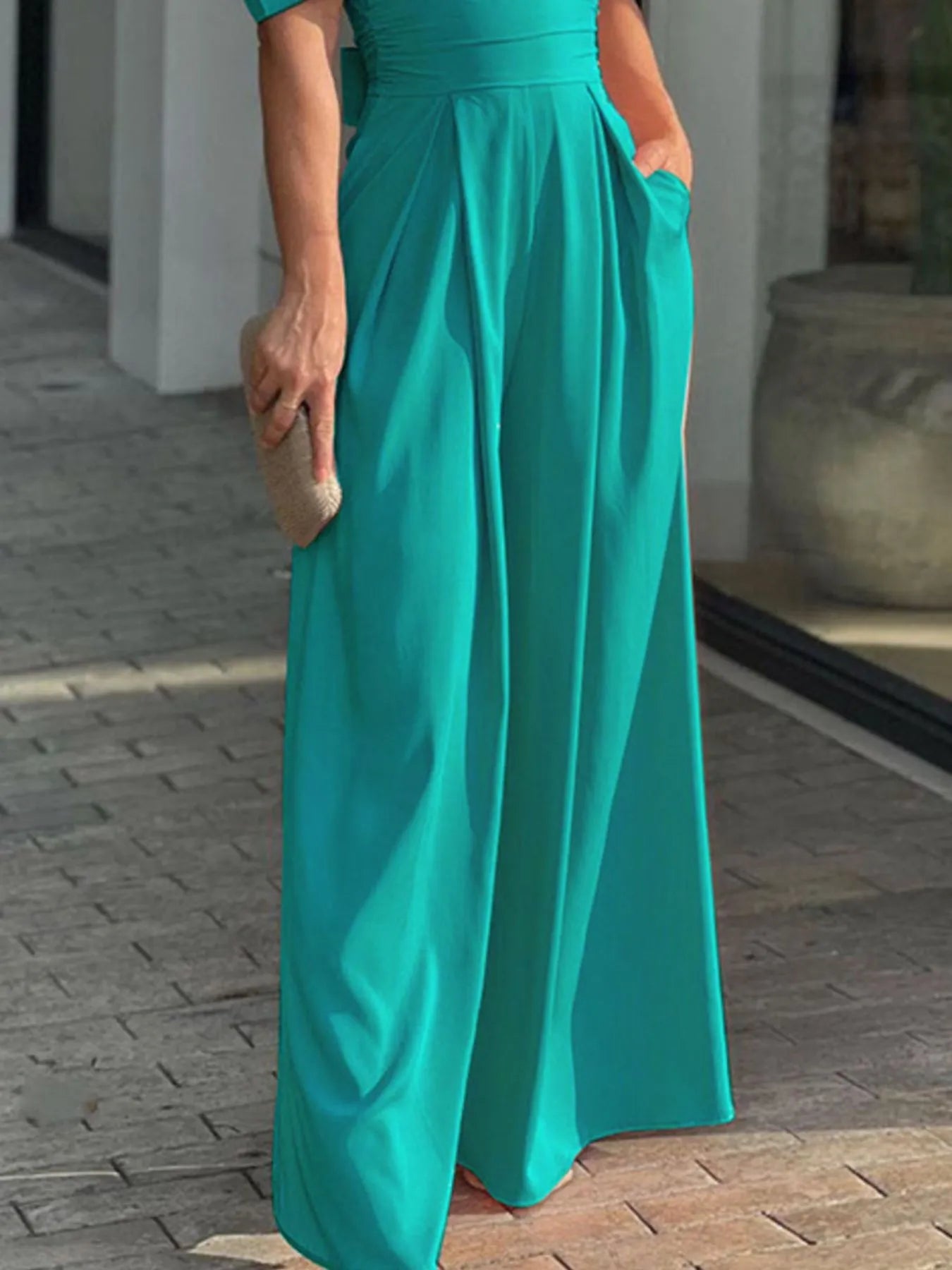 Full Size Cutout V - Neck Puff Sleeve Jumpsuit Plus Size - Flip Flop Dynasty