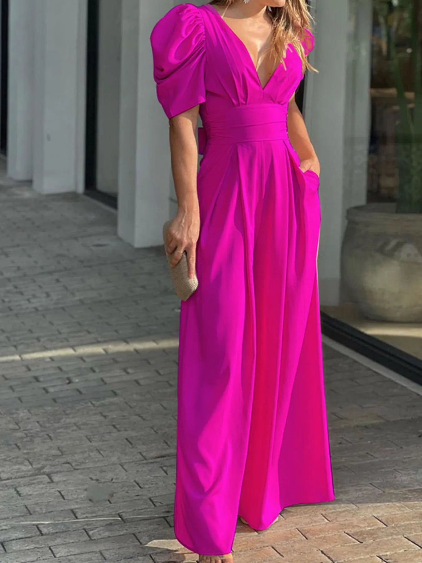 Full Size Cutout V - Neck Puff Sleeve Jumpsuit Plus Size - Flip Flop Dynasty