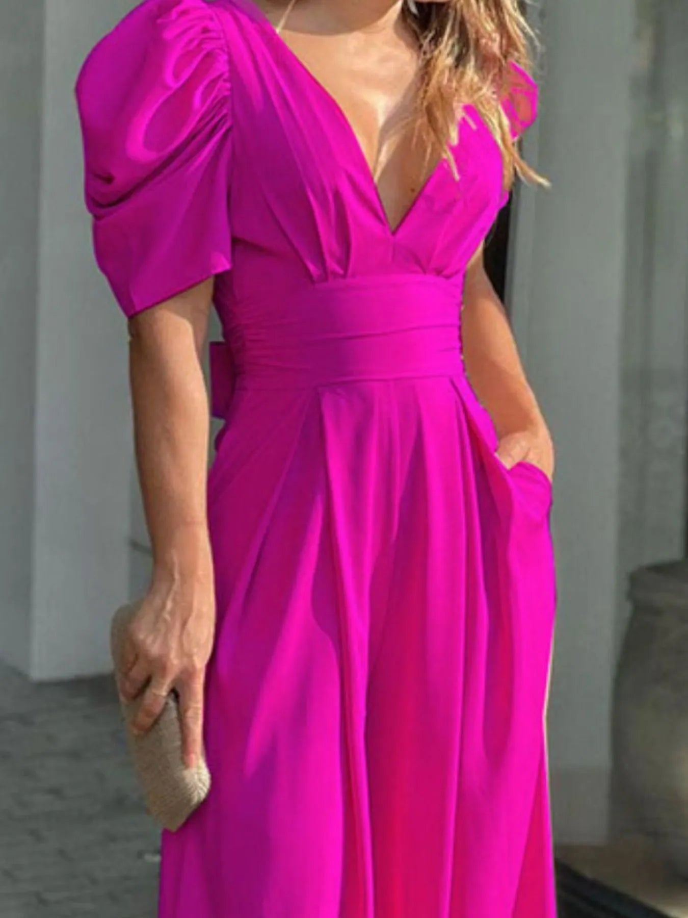 Full Size Cutout V - Neck Puff Sleeve Jumpsuit Plus Size - Flip Flop Dynasty