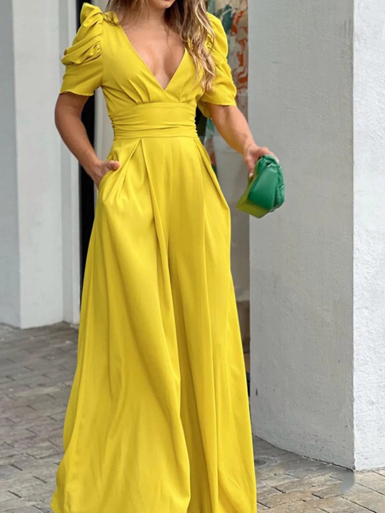 Full Size Cutout V - Neck Puff Sleeve Jumpsuit Plus Size - Flip Flop Dynasty