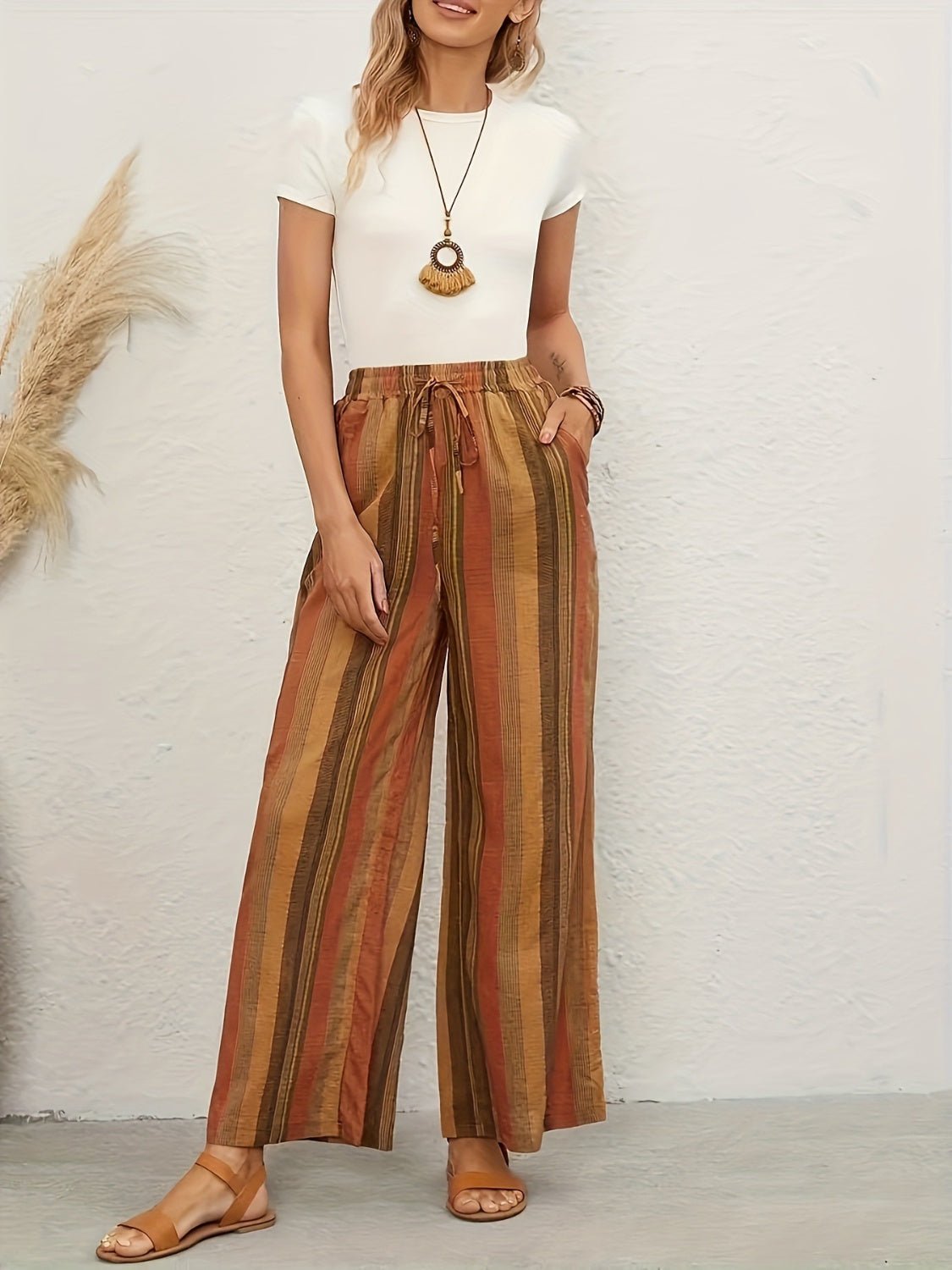 Full Size Drawstring Striped Wide Leg Pants - Flip Flop Dynasty