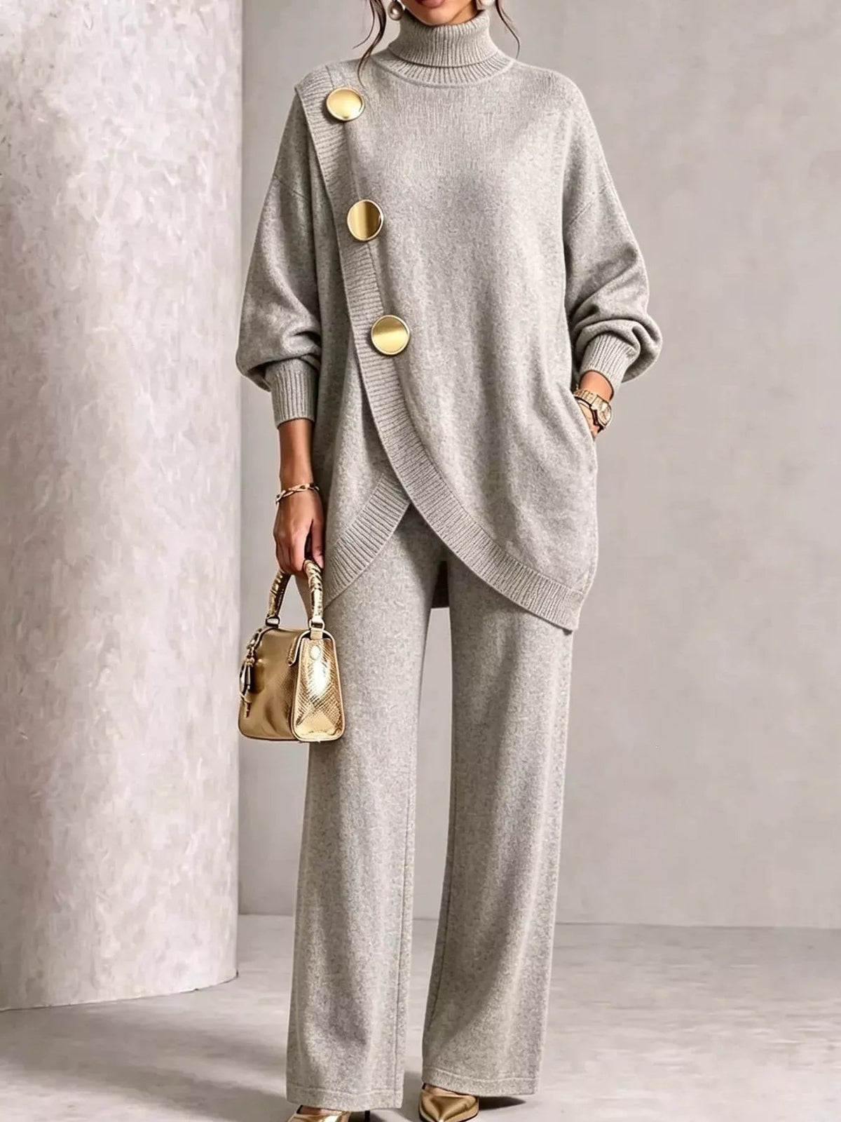 Full Size Elegant Turtleneck Asymmetric Button-Decorated Sweater and Pants Set Plus Size - Flip Flop Dynasty