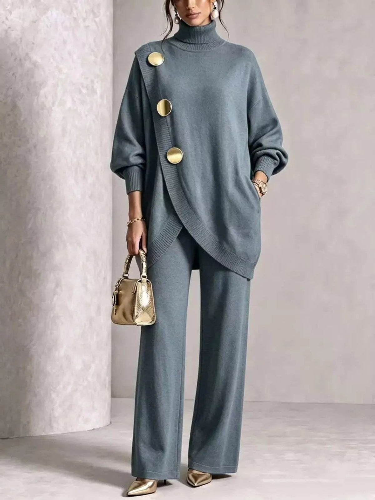 Full Size Elegant Turtleneck Asymmetric Button-Decorated Sweater and Pants Set Plus Size - Flip Flop Dynasty