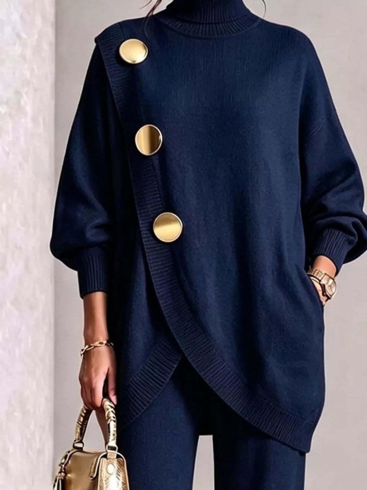 Full Size Elegant Turtleneck Asymmetric Button-Decorated Sweater and Pants Set Plus Size - Flip Flop Dynasty