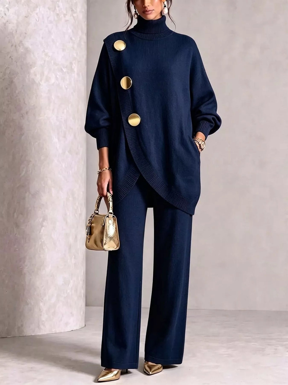 Full Size Elegant Turtleneck Asymmetric Button-Decorated Sweater and Pants Set Plus Size - Flip Flop Dynasty