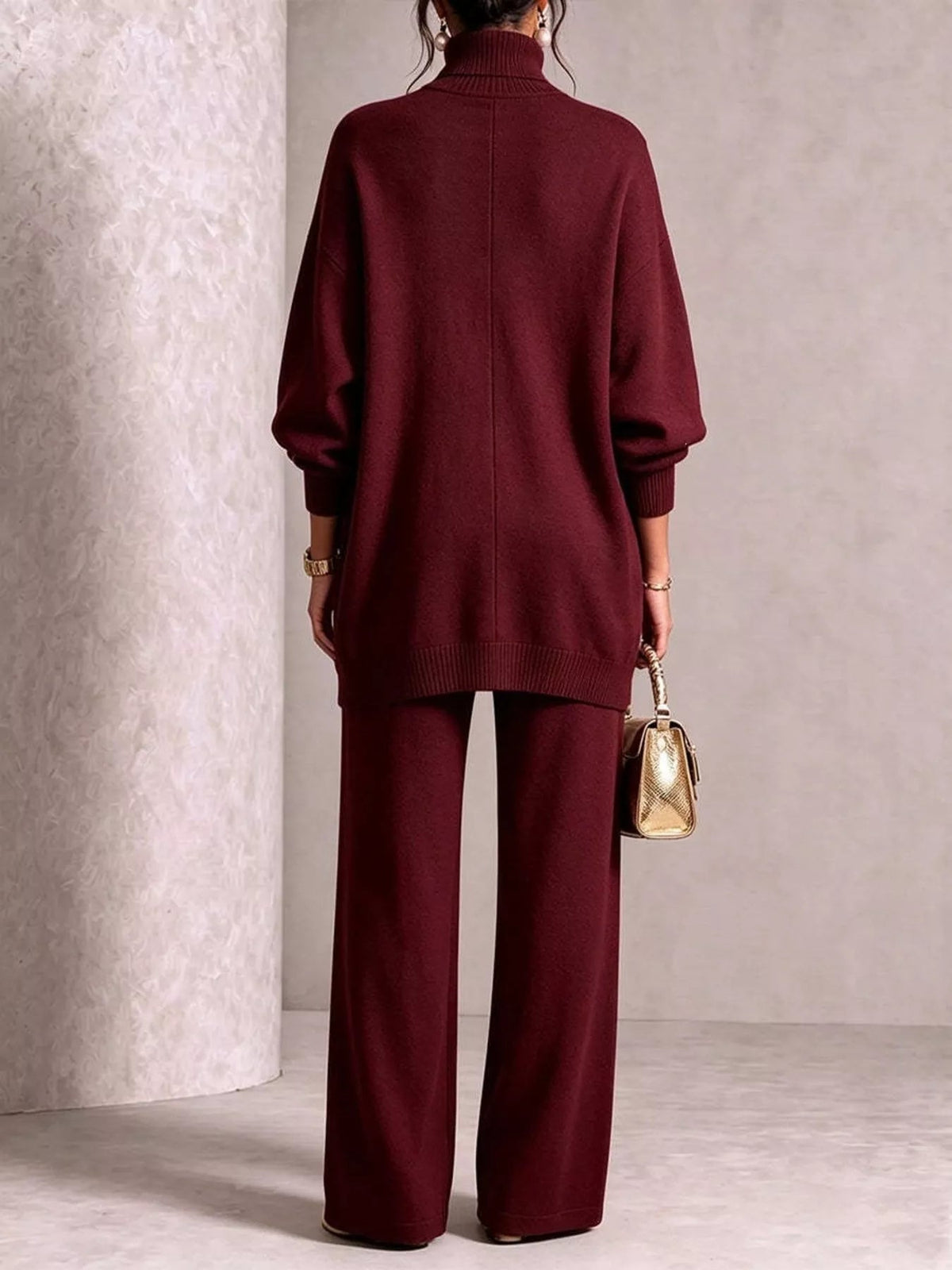 Full Size Elegant Turtleneck Asymmetric Button-Decorated Sweater and Pants Set Plus Size - Flip Flop Dynasty