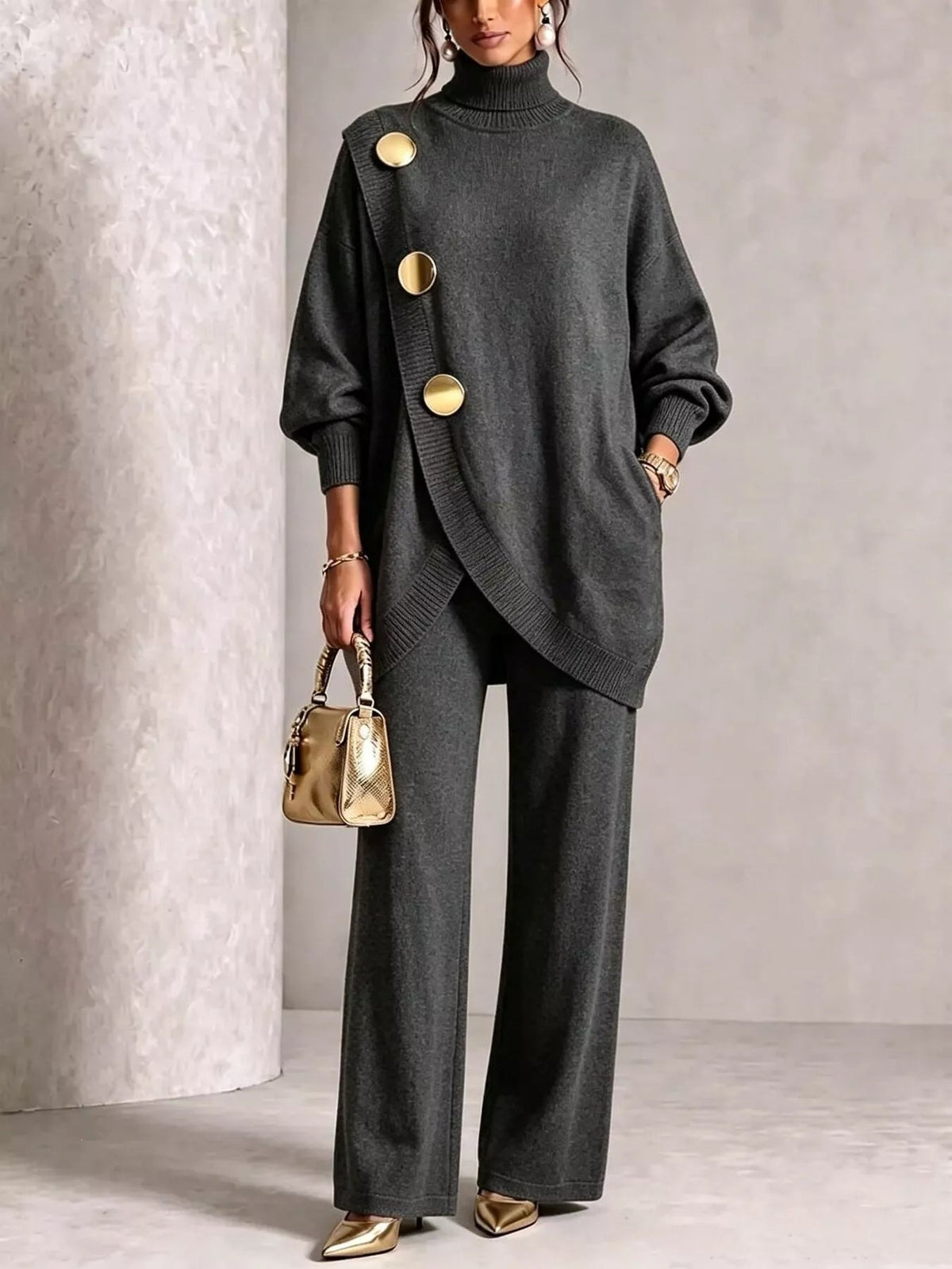 Full Size Elegant Turtleneck Asymmetric Button-Decorated Sweater and Pants Set Plus Size - Flip Flop Dynasty