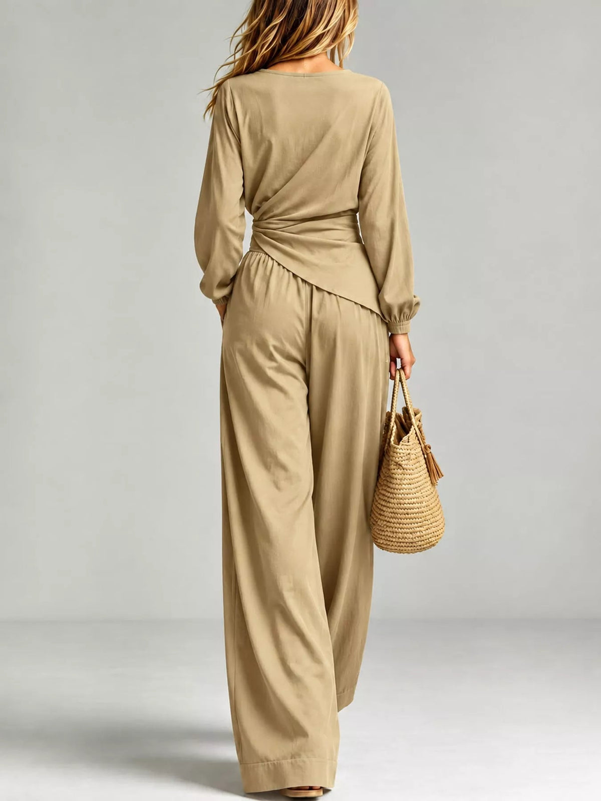 Full Size Elegant V-Neck Long Sleeve Top and Wide-Leg Pants Set Plus Size - Flip Flop Dynasty