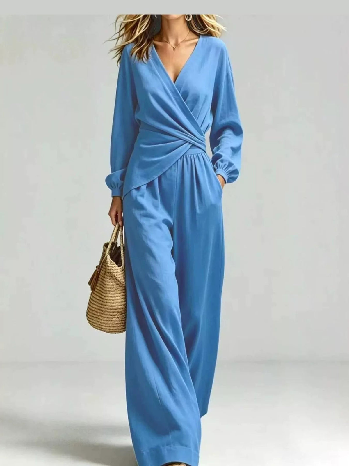 Full Size Elegant V-Neck Long Sleeve Top and Wide-Leg Pants Set Plus Size - Flip Flop Dynasty