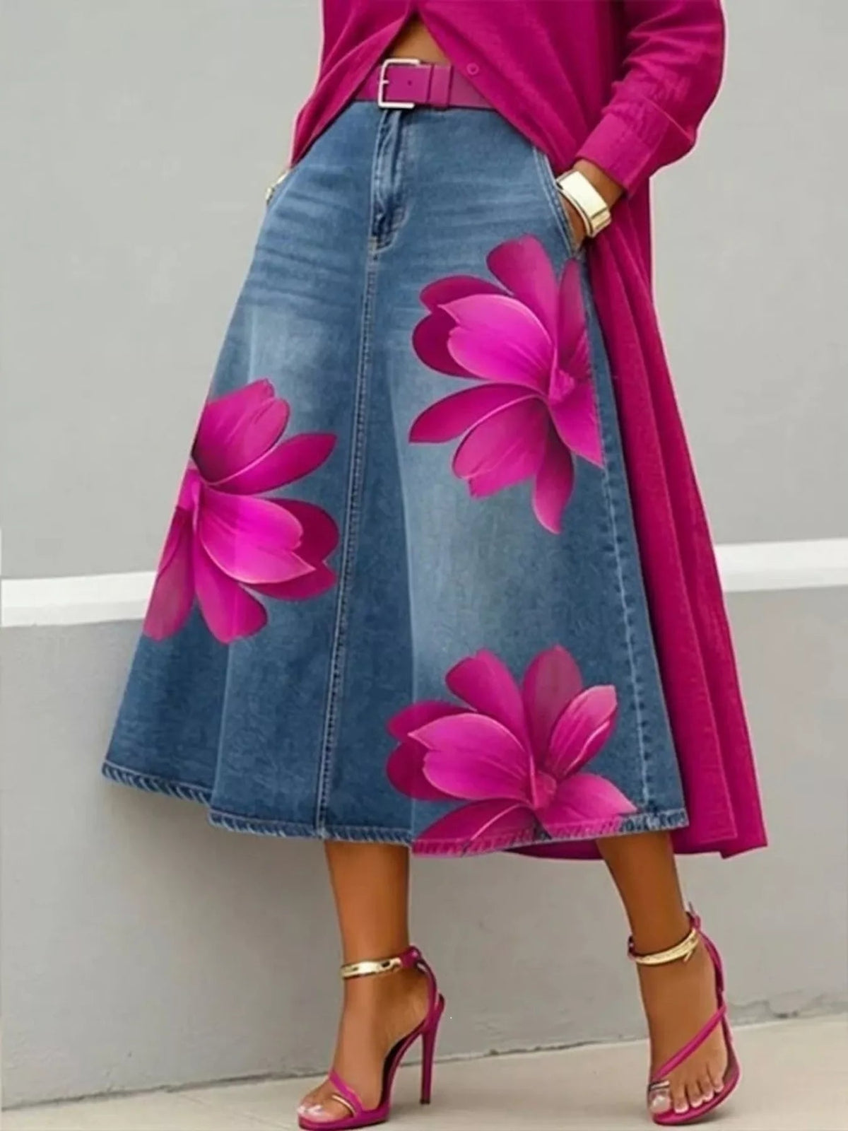 Full Size Floral Print A-Line Midi Skirt Plus Size - Flip Flop Dynasty