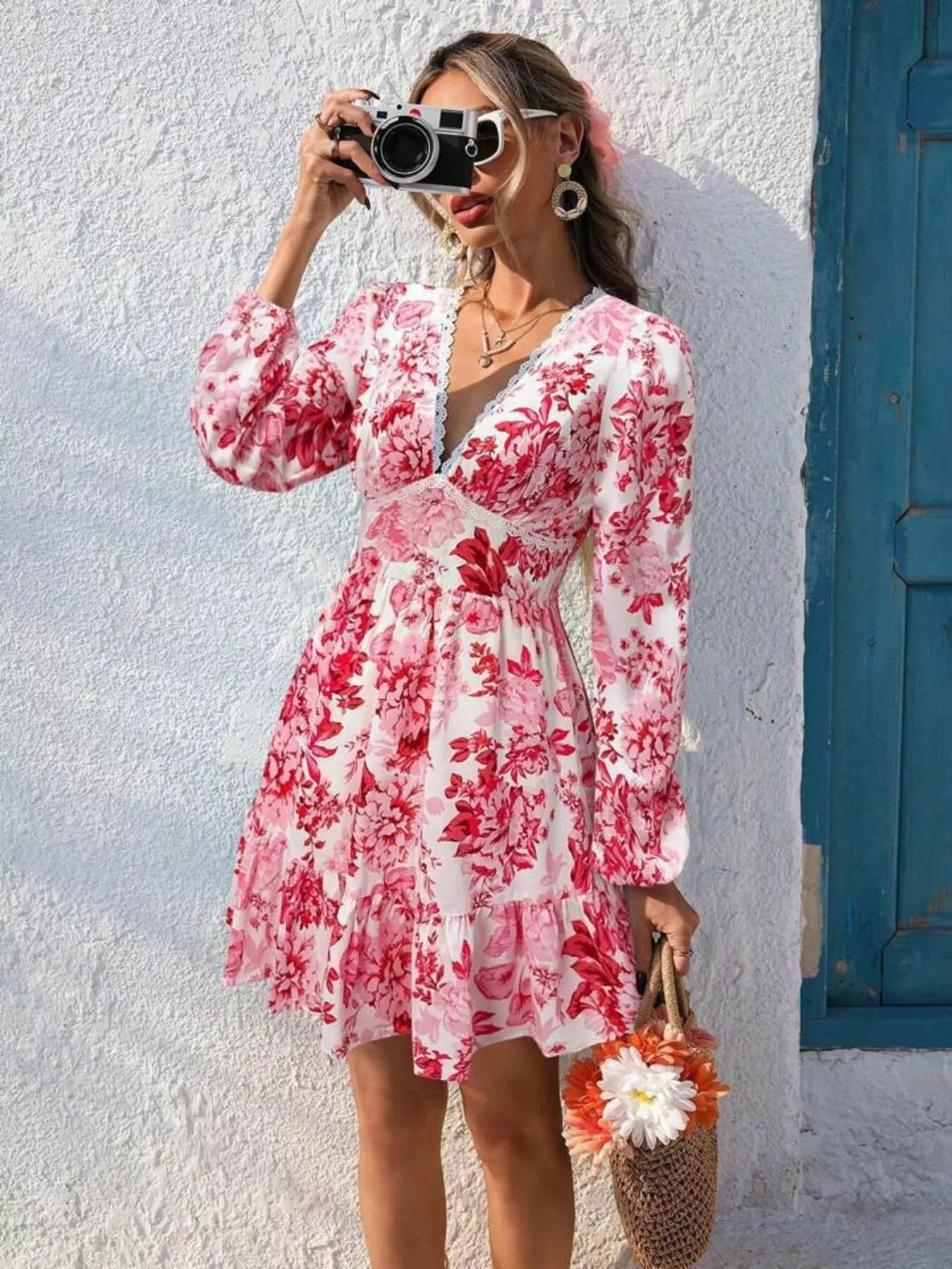 Full Size Floral Print V - Neck Long Sleeve Ruffle Hem Mini Dress Plus Size - Flip Flop Dynasty