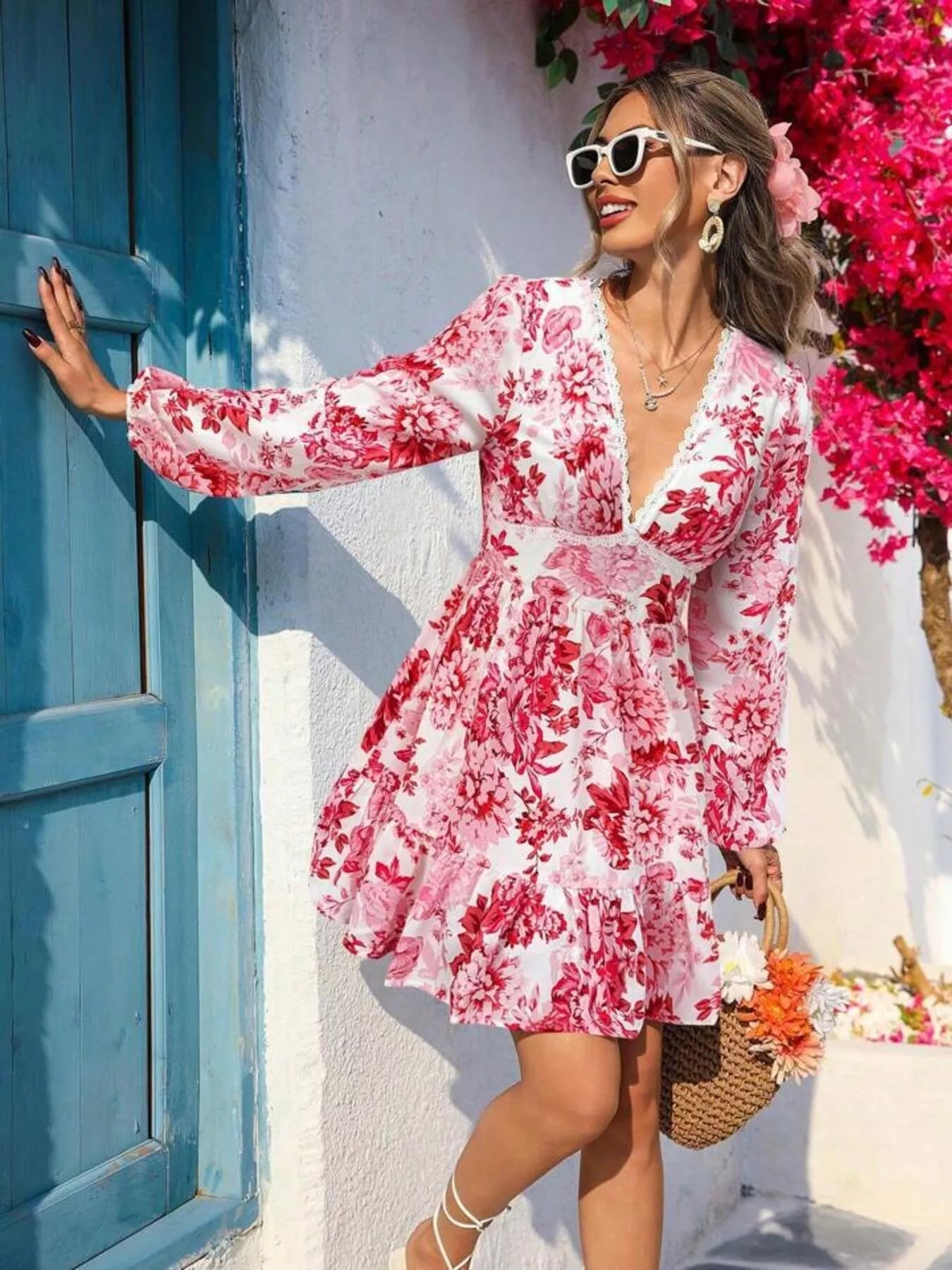 Full Size Floral Print V - Neck Long Sleeve Ruffle Hem Mini Dress Plus Size - Flip Flop Dynasty