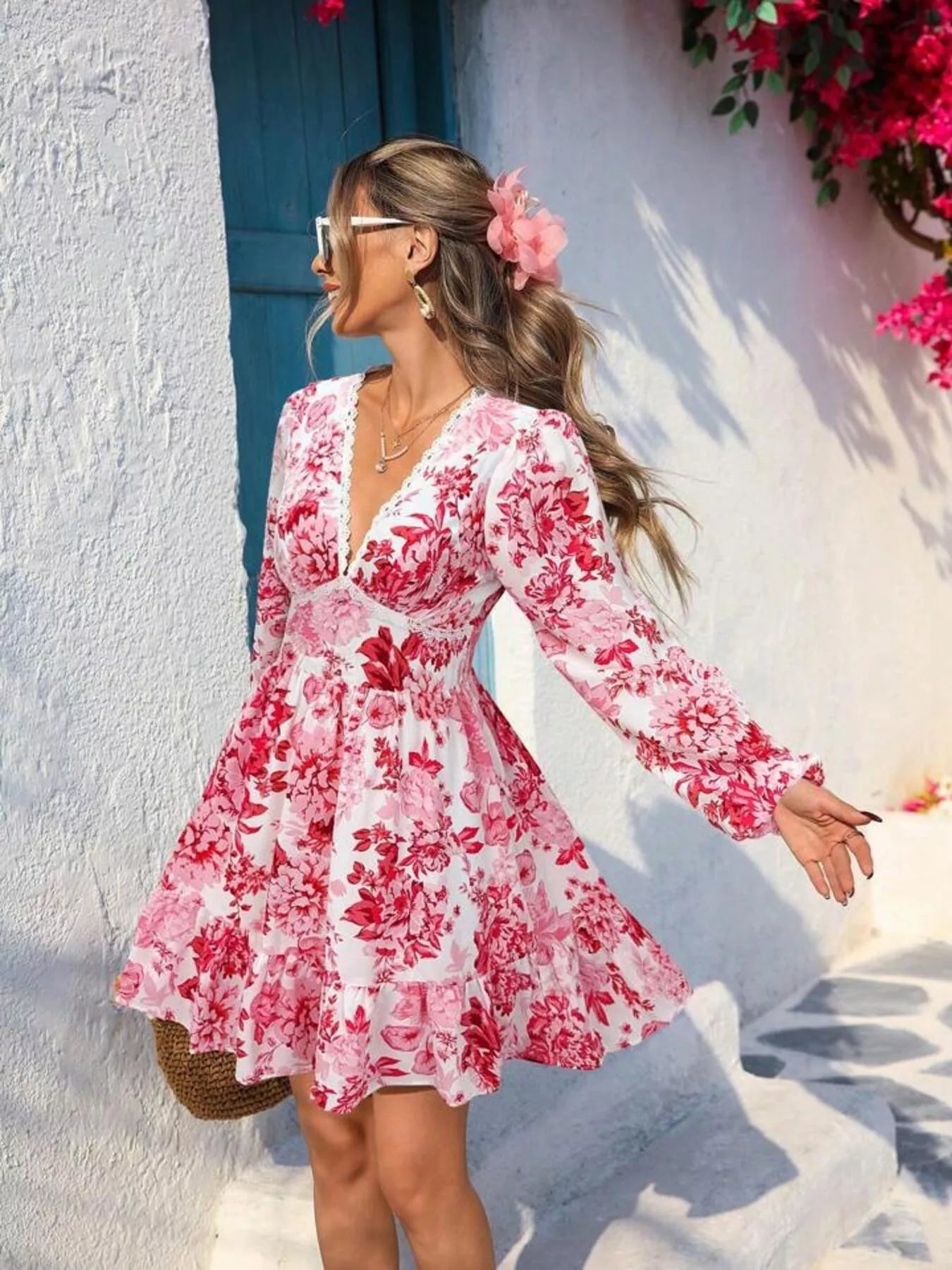 Full Size Floral Print V - Neck Long Sleeve Ruffle Hem Mini Dress Plus Size - Flip Flop Dynasty