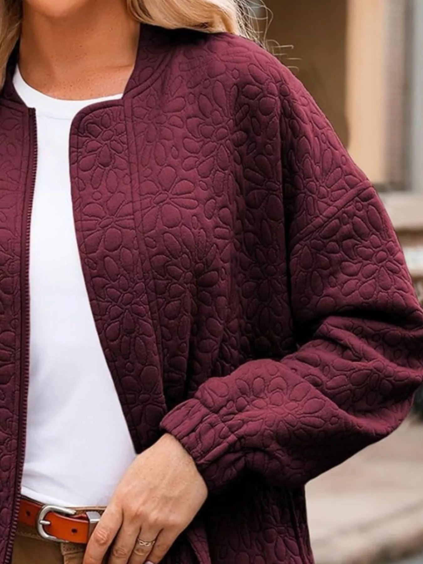 Full Size Floral Quilted Zip Up Jacket Plus Size - Flip Flop Dynasty