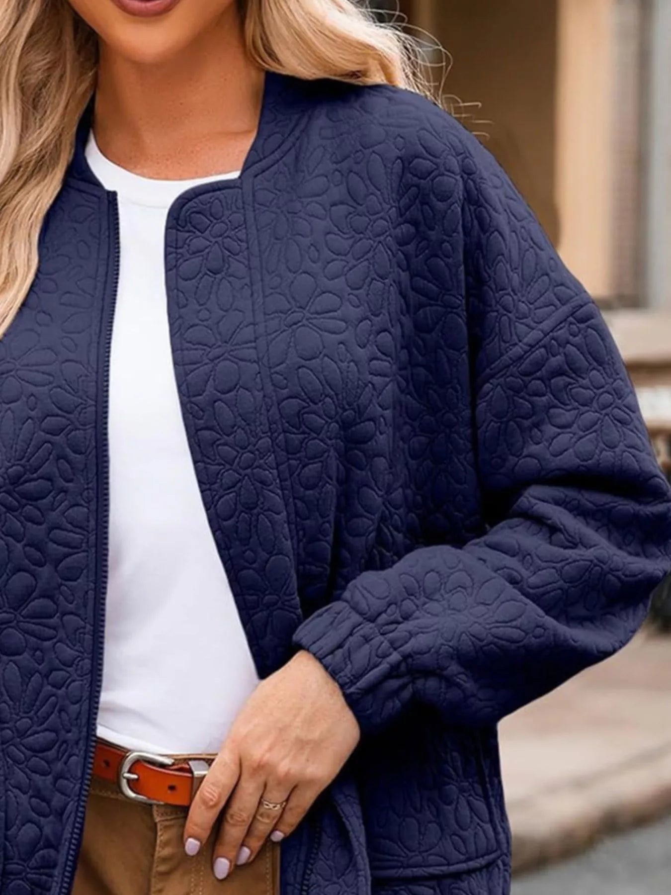 Full Size Floral Quilted Zip Up Jacket Plus Size - Flip Flop Dynasty