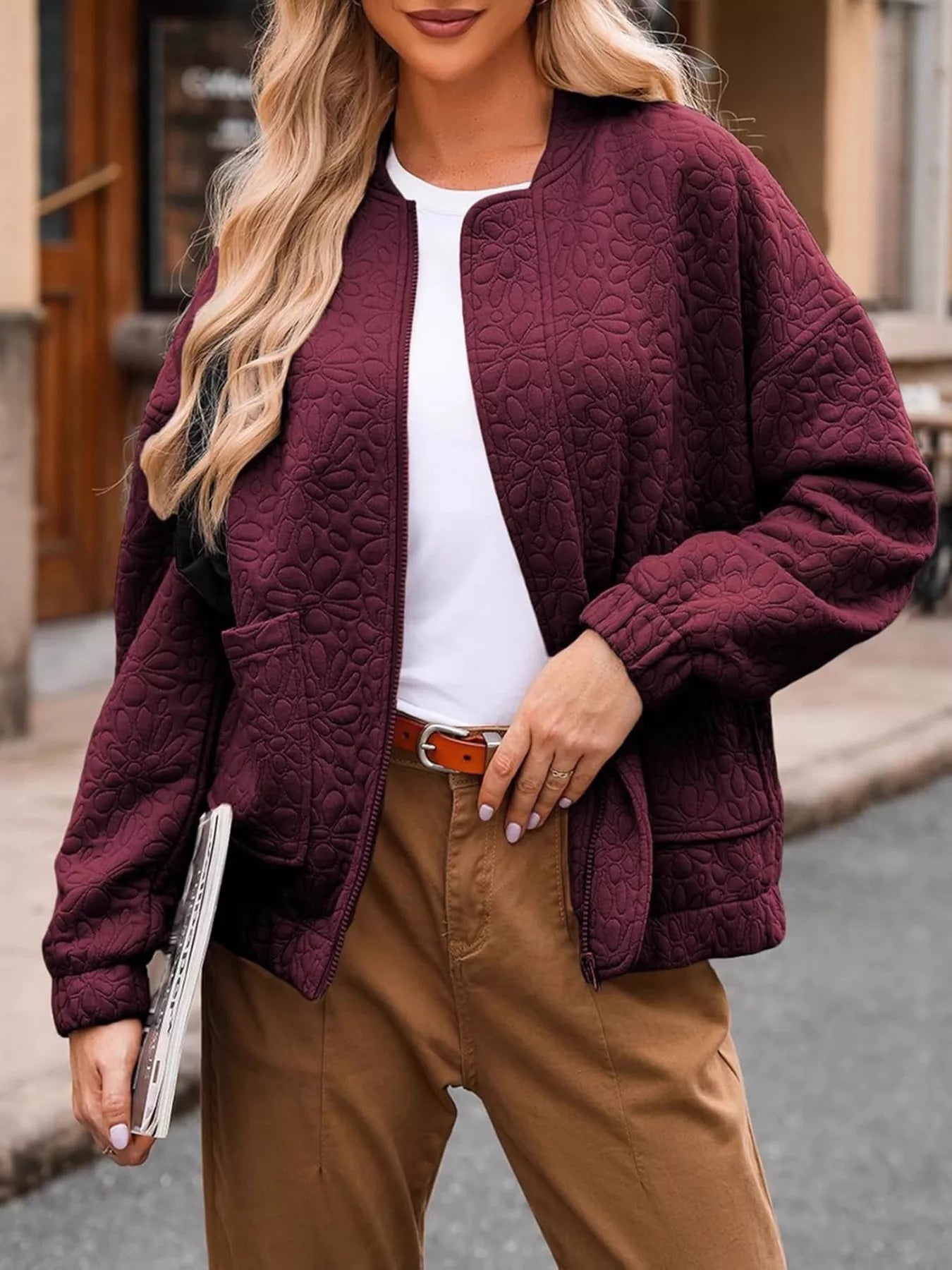 Full Size Floral Quilted Zip Up Jacket Plus Size - Flip Flop Dynasty