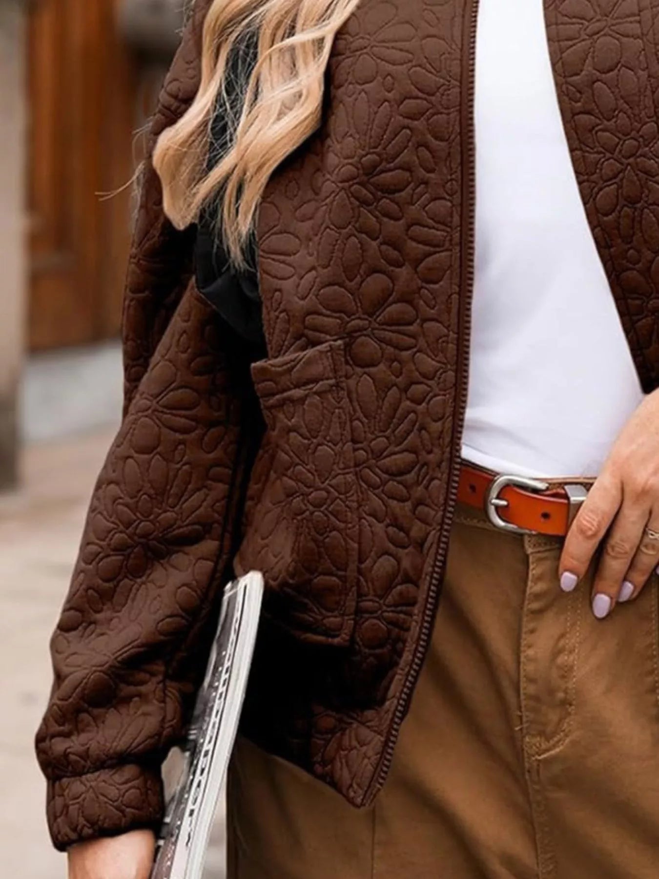 Full Size Floral Quilted Zip Up Jacket Plus Size - Flip Flop Dynasty