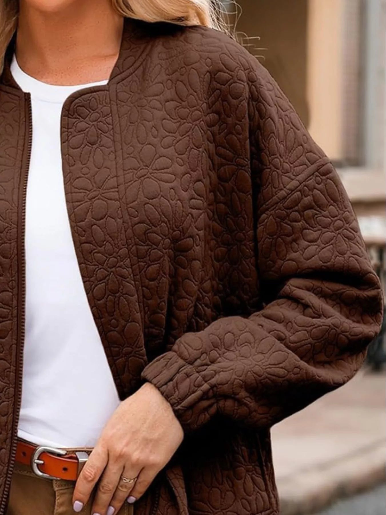 Full Size Floral Quilted Zip Up Jacket Plus Size - Flip Flop Dynasty