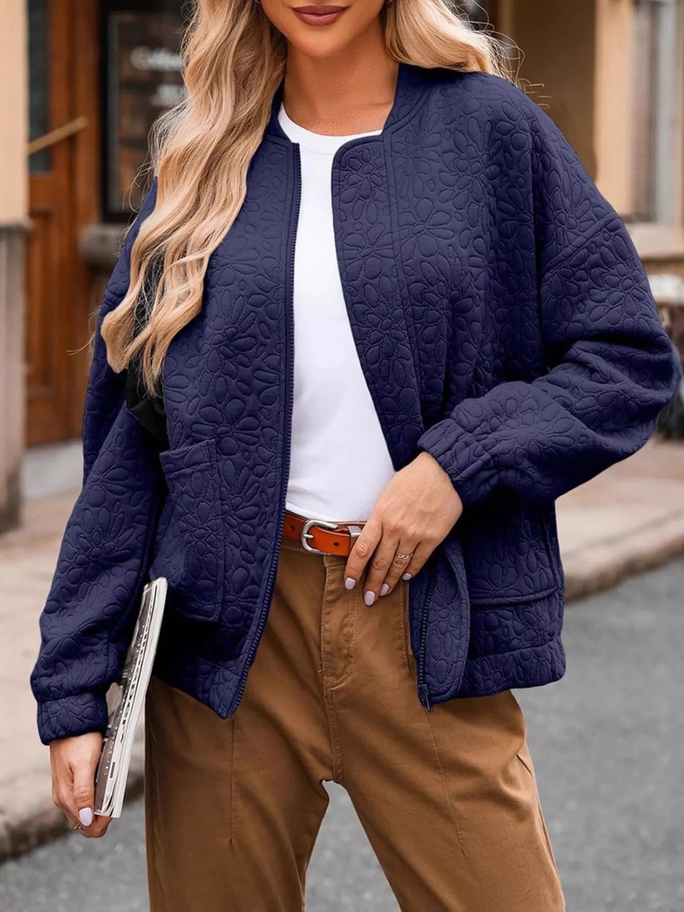 Full Size Floral Quilted Zip Up Jacket Plus Size - Flip Flop Dynasty