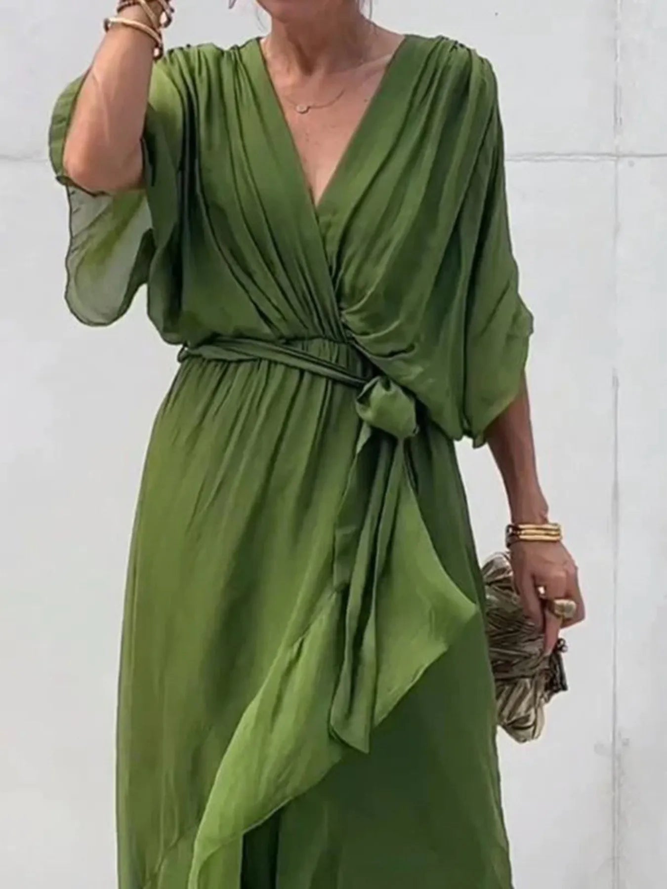 Full Size Flowy Tie Front Midi Dress with Flutter Sleeves Plus Size - Flip Flop Dynasty
