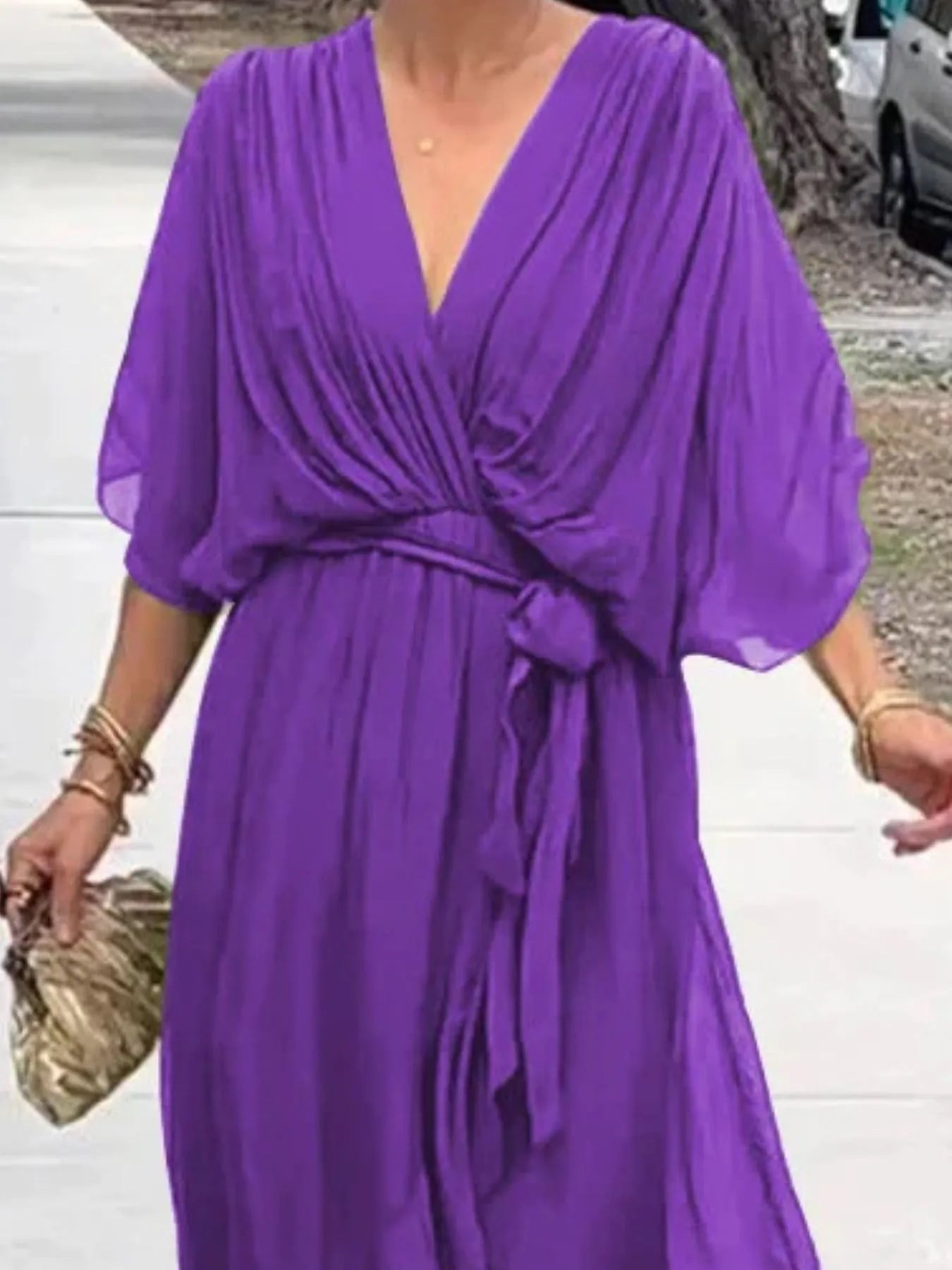 Full Size Flowy Tie Front Midi Dress with Flutter Sleeves Plus Size - Flip Flop Dynasty