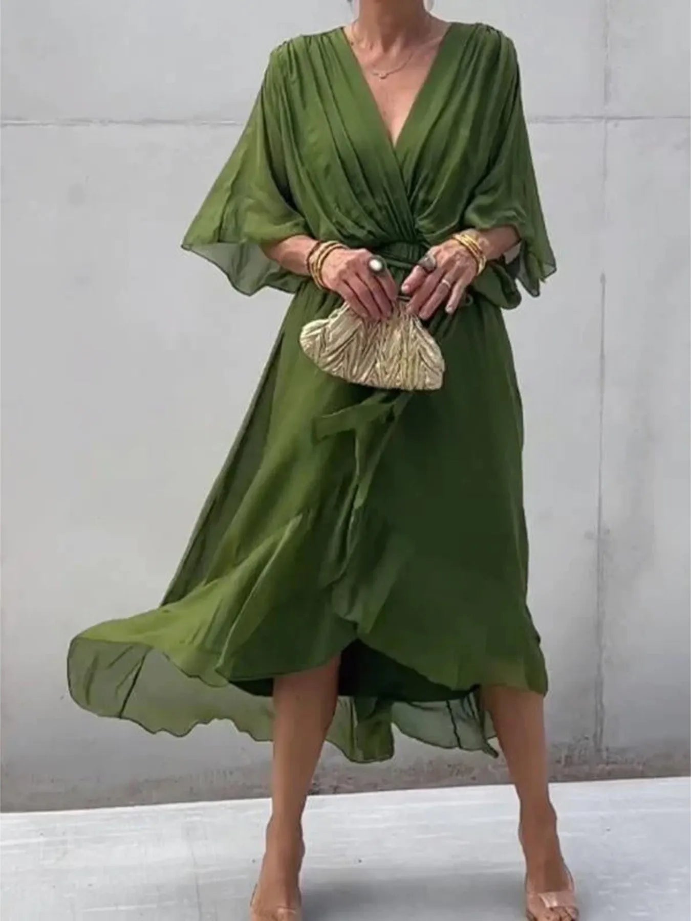 Full Size Flowy Tie Front Midi Dress with Flutter Sleeves Plus Size - Flip Flop Dynasty