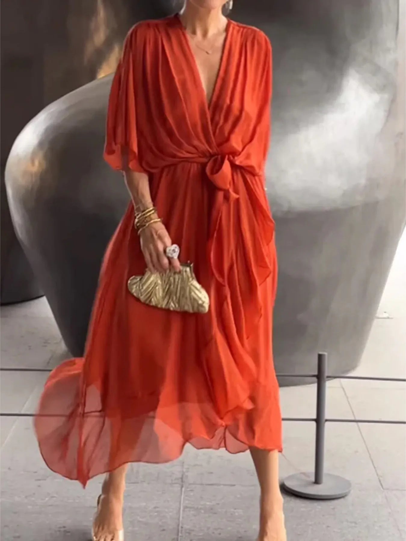 Full Size Flowy Tie Front Midi Dress with Flutter Sleeves Plus Size - Flip Flop Dynasty