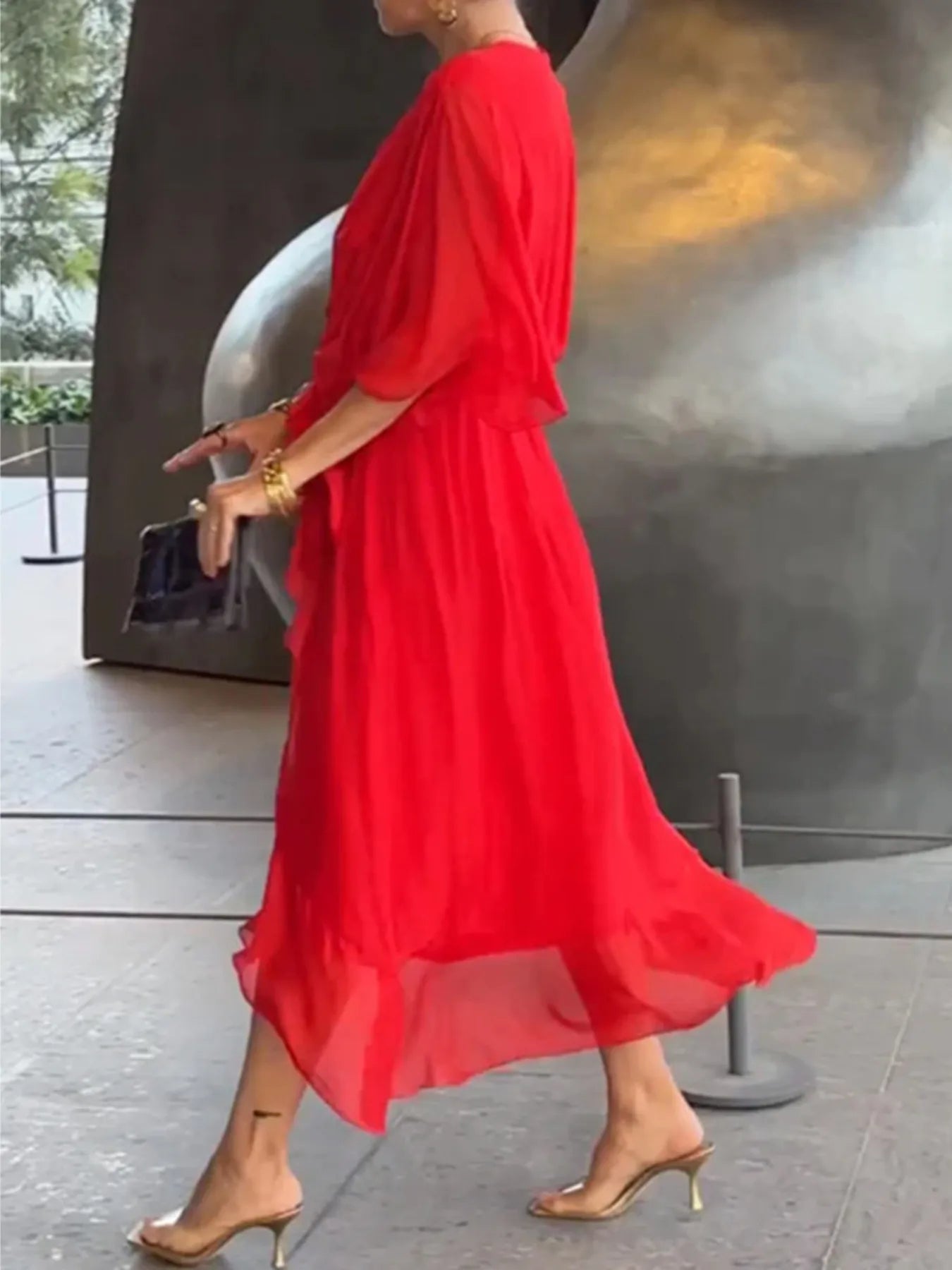 Full Size Flowy Tie Front Midi Dress with Flutter Sleeves Plus Size - Flip Flop Dynasty