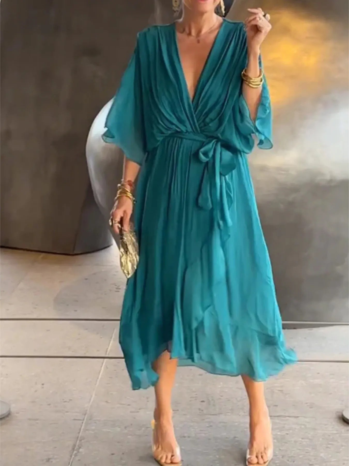 Full Size Flowy Tie Front Midi Dress with Flutter Sleeves Plus Size - Flip Flop Dynasty