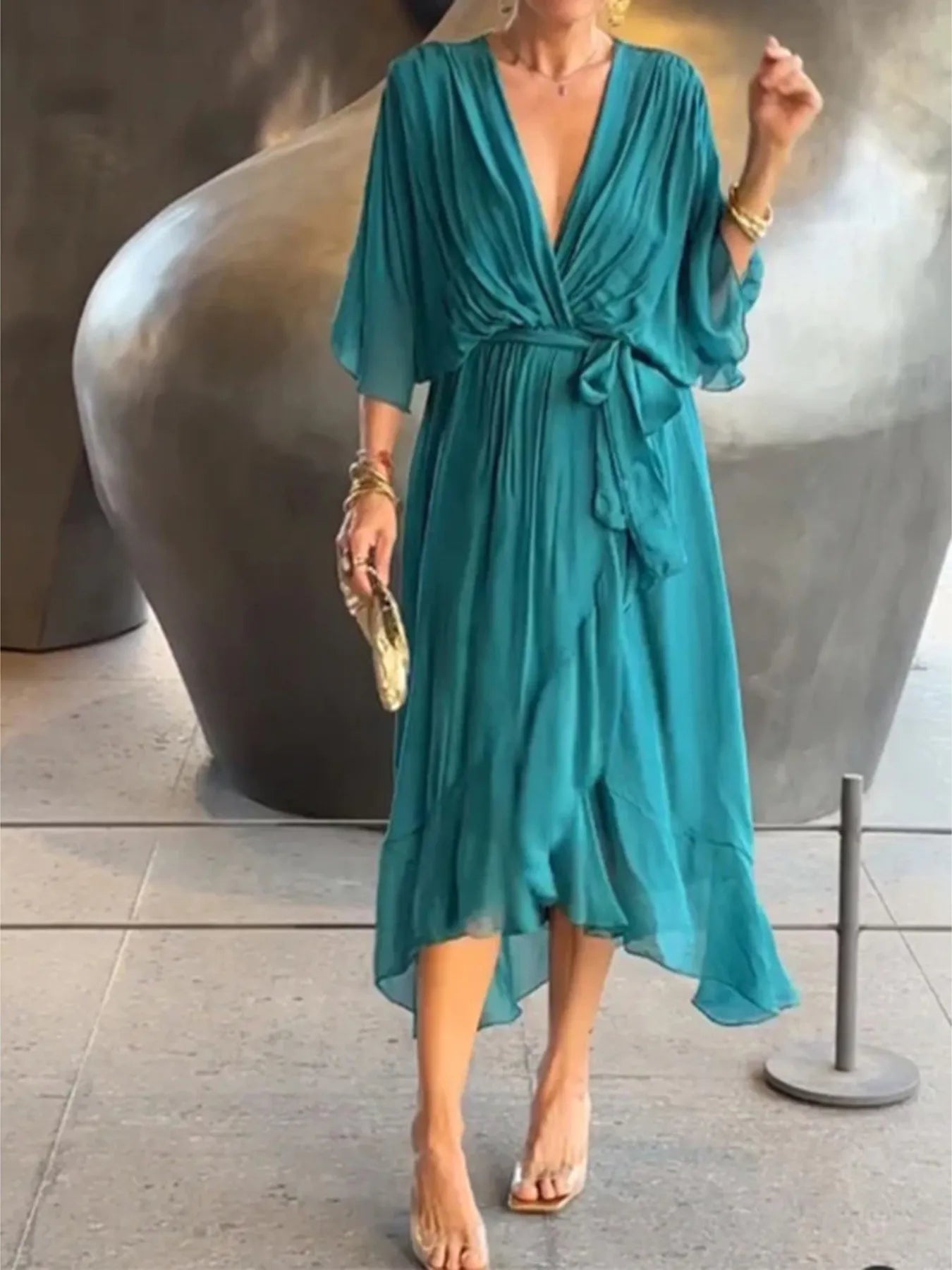Full Size Flowy Tie Front Midi Dress with Flutter Sleeves Plus Size - Flip Flop Dynasty