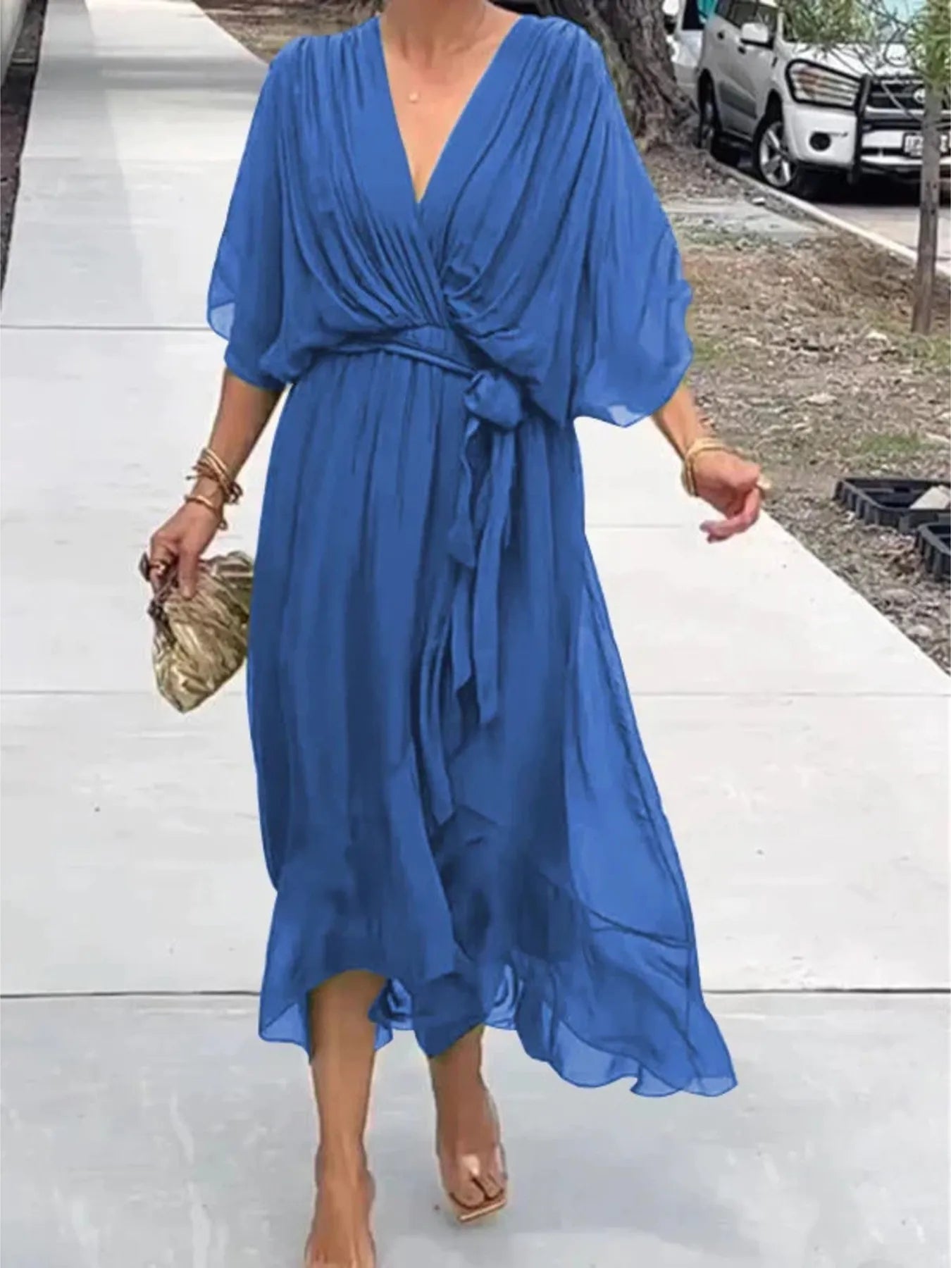 Full Size Flowy Tie Front Midi Dress with Flutter Sleeves Plus Size - Flip Flop Dynasty