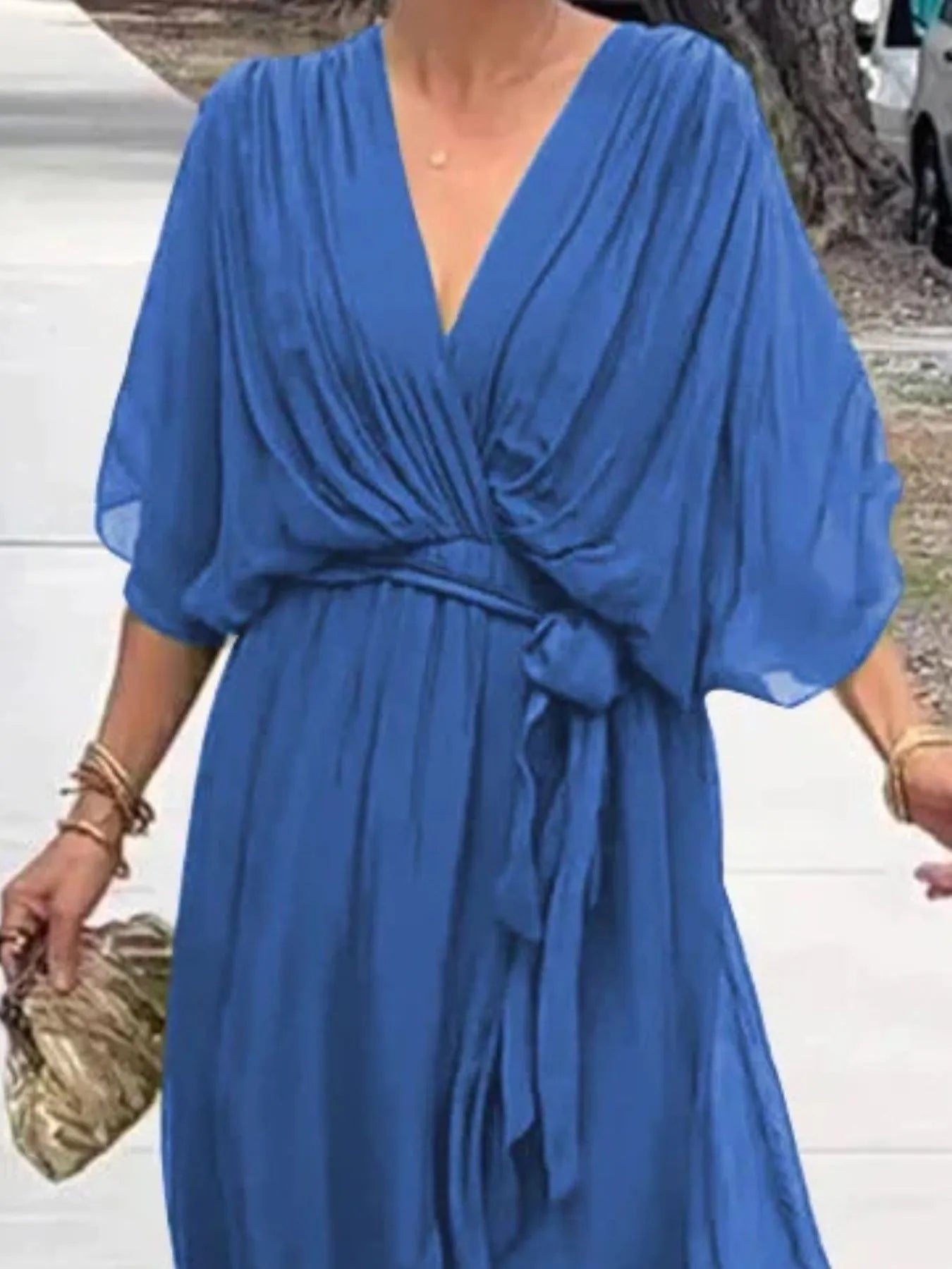 Full Size Flowy Tie Front Midi Dress with Flutter Sleeves Plus Size - Flip Flop Dynasty