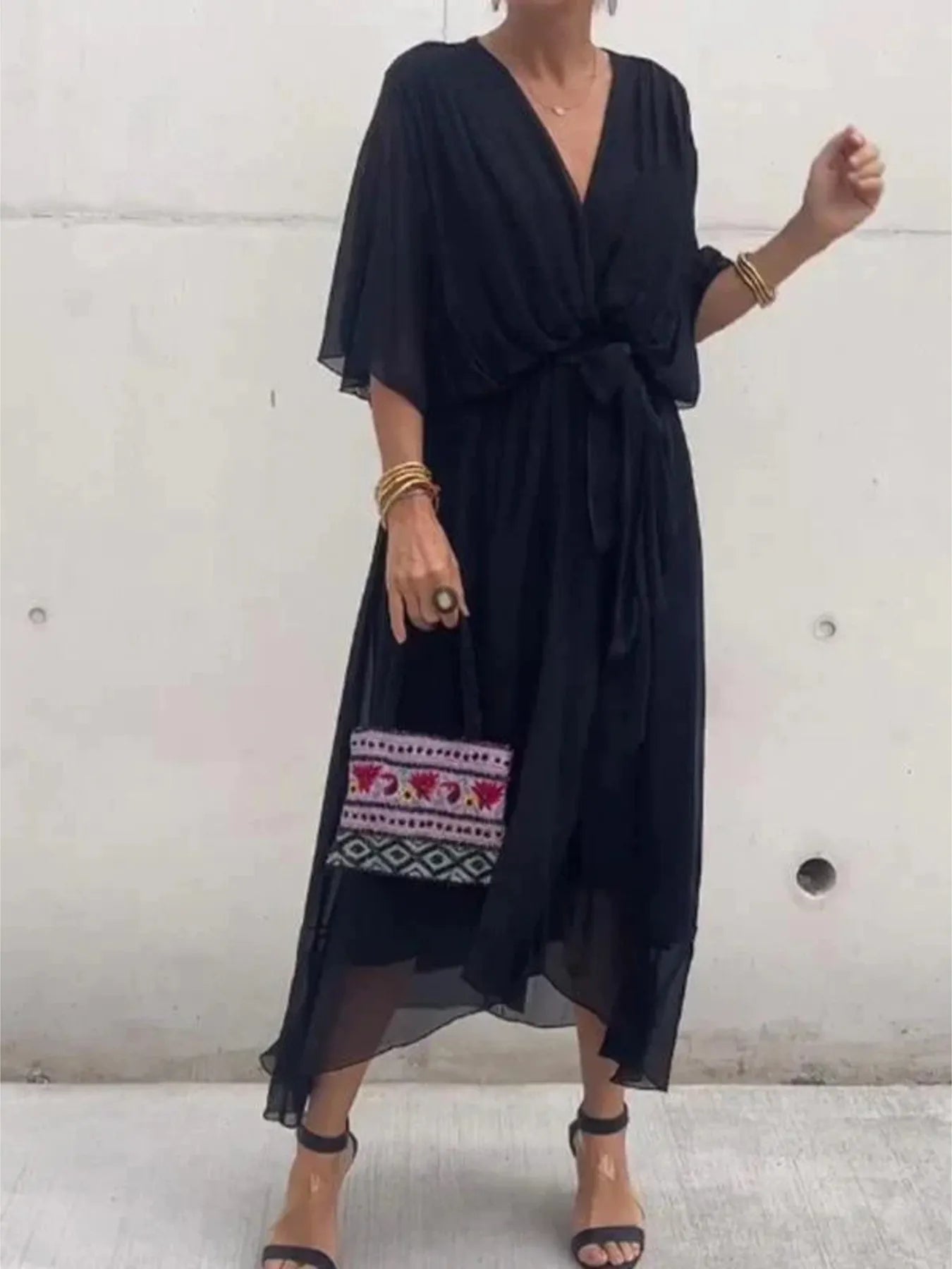 Full Size Flowy Tie Front Midi Dress with Flutter Sleeves Plus Size - Flip Flop Dynasty