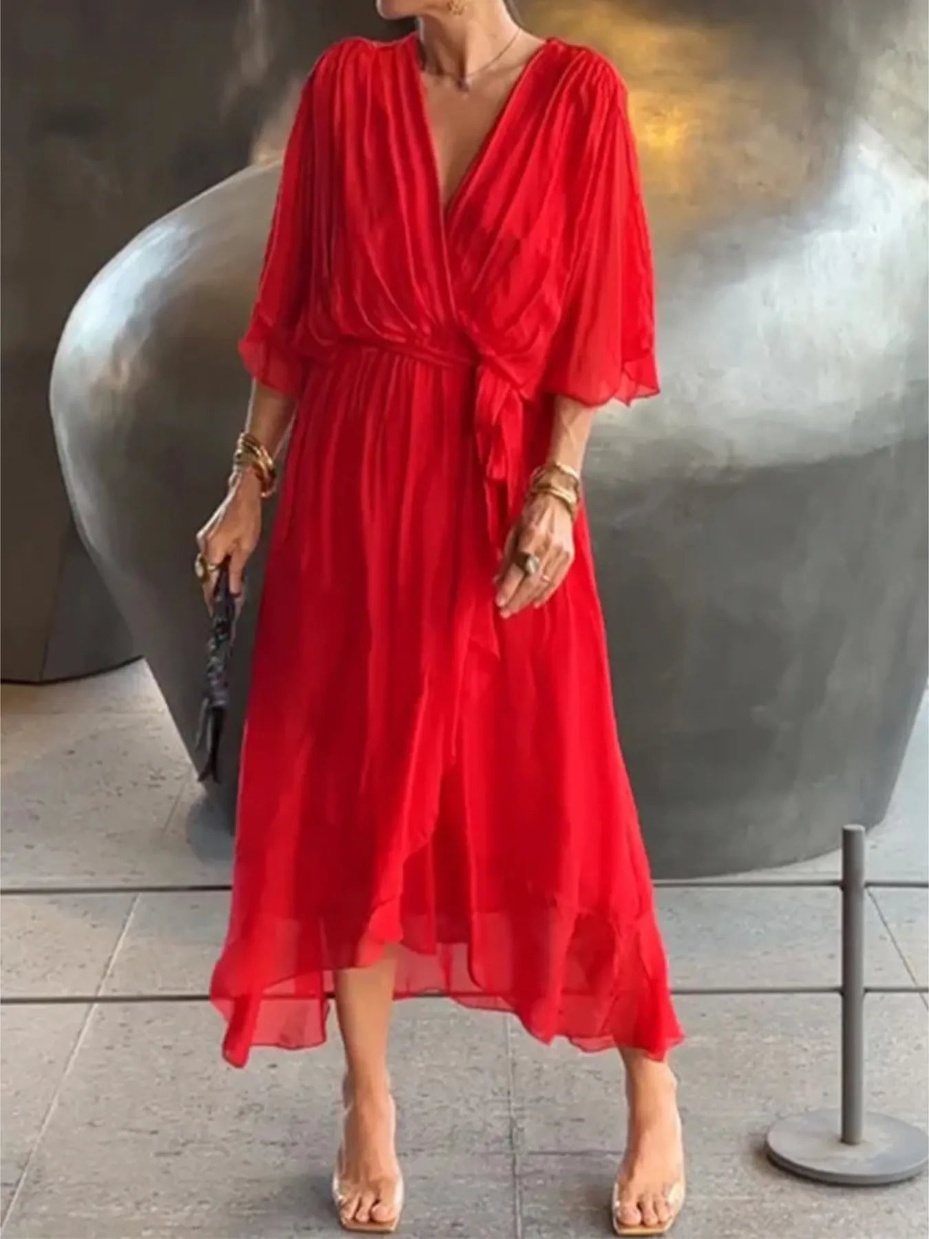 Full Size Flowy Tie Front Midi Dress with Flutter Sleeves Plus Size - Flip Flop Dynasty