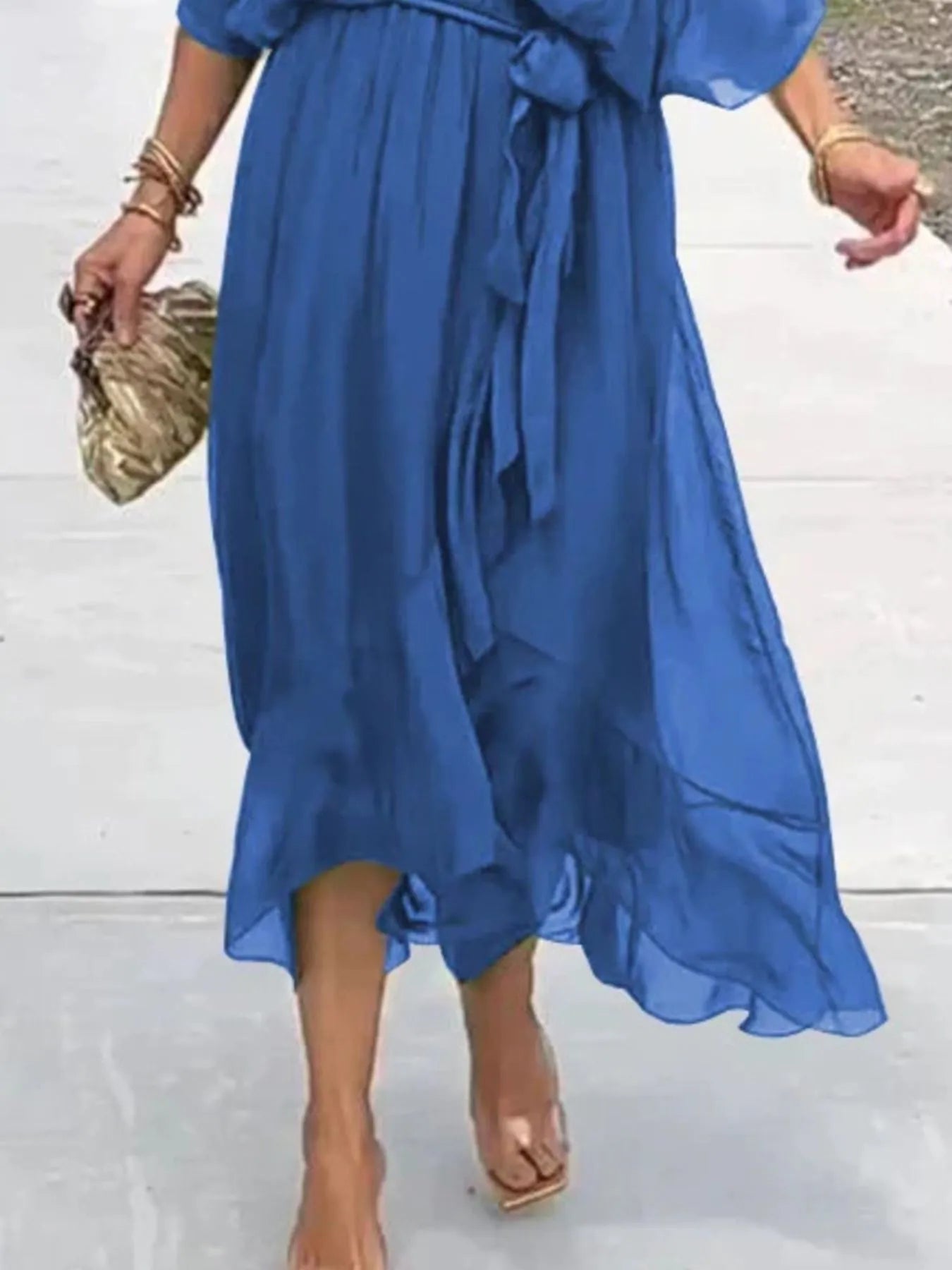Full Size Flowy Tie Front Midi Dress with Flutter Sleeves Plus Size - Flip Flop Dynasty