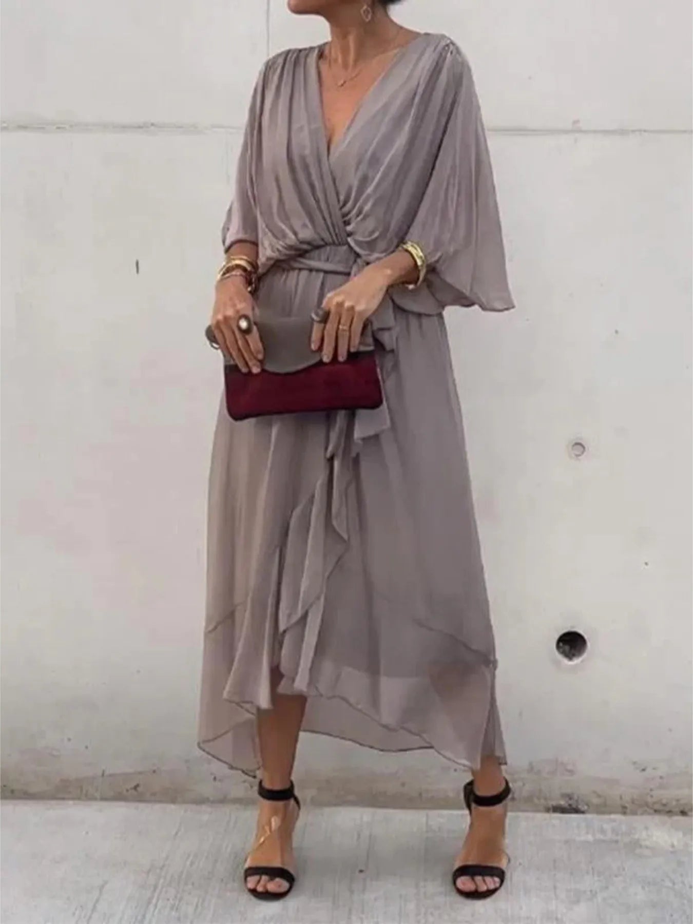 Full Size Flowy Tie Front Midi Dress with Flutter Sleeves Plus Size - Flip Flop Dynasty