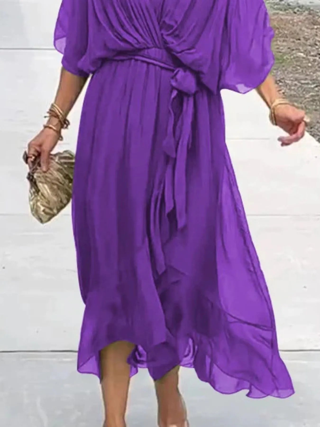 Full Size Flowy Tie Front Midi Dress with Flutter Sleeves Plus Size - Flip Flop Dynasty