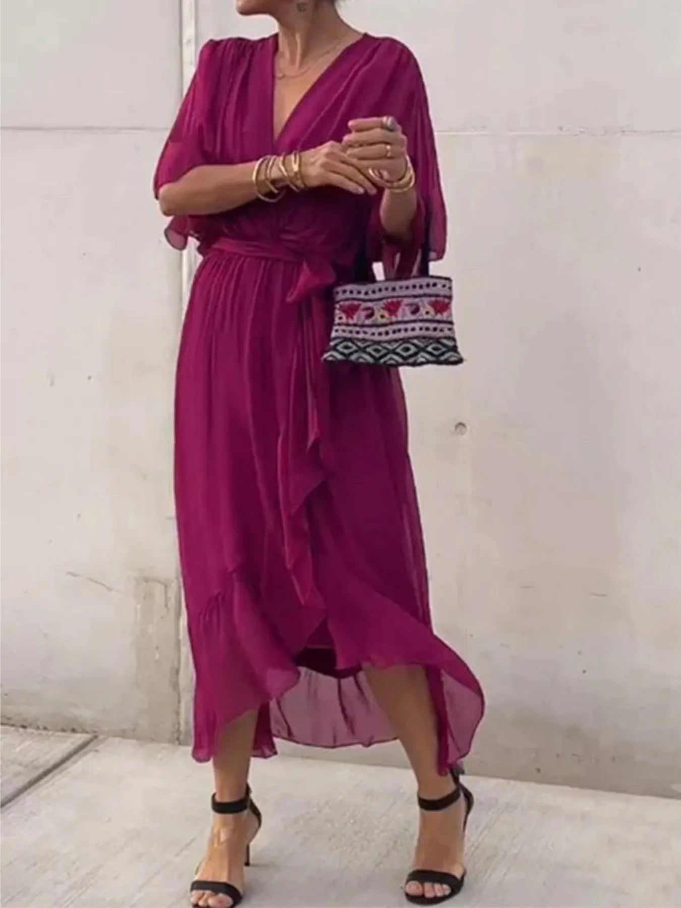 Full Size Flowy Tie Front Midi Dress with Flutter Sleeves Plus Size - Flip Flop Dynasty