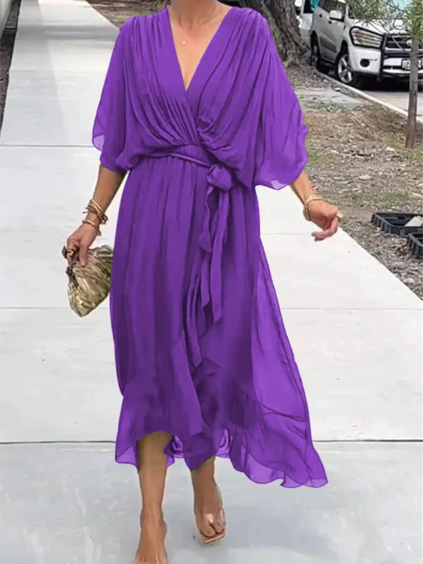 Full Size Flowy Tie Front Midi Dress with Flutter Sleeves Plus Size - Flip Flop Dynasty