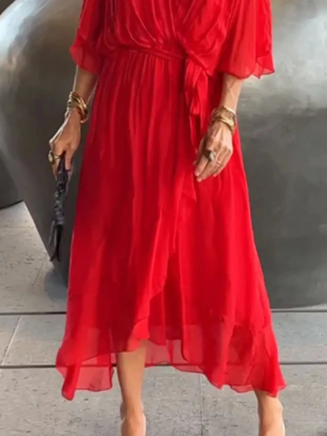 Full Size Flowy Tie Front Midi Dress with Flutter Sleeves Plus Size - Flip Flop Dynasty