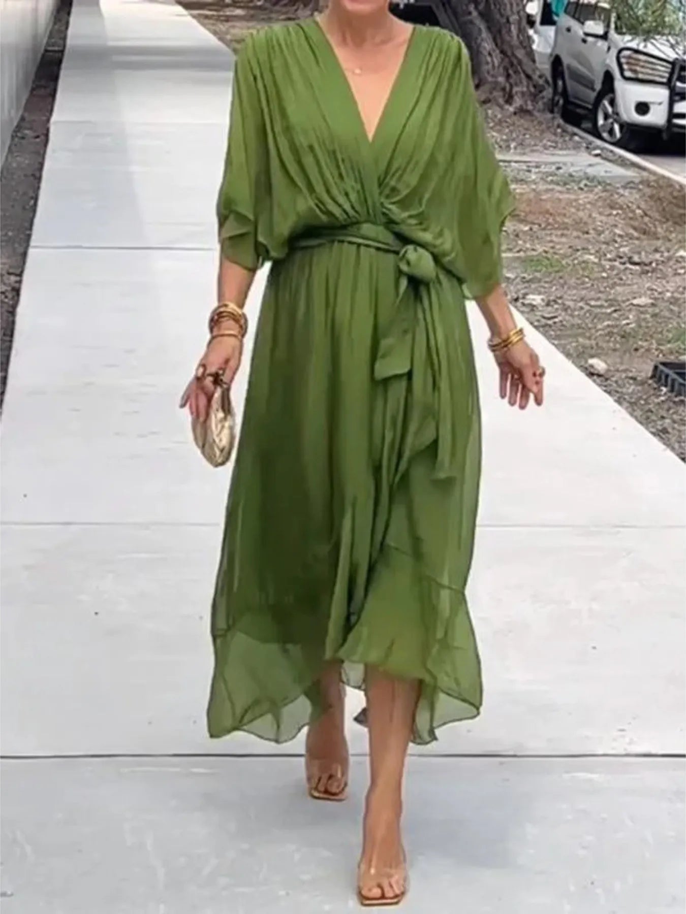 Full Size Flowy Tie Front Midi Dress with Flutter Sleeves Plus Size - Flip Flop Dynasty