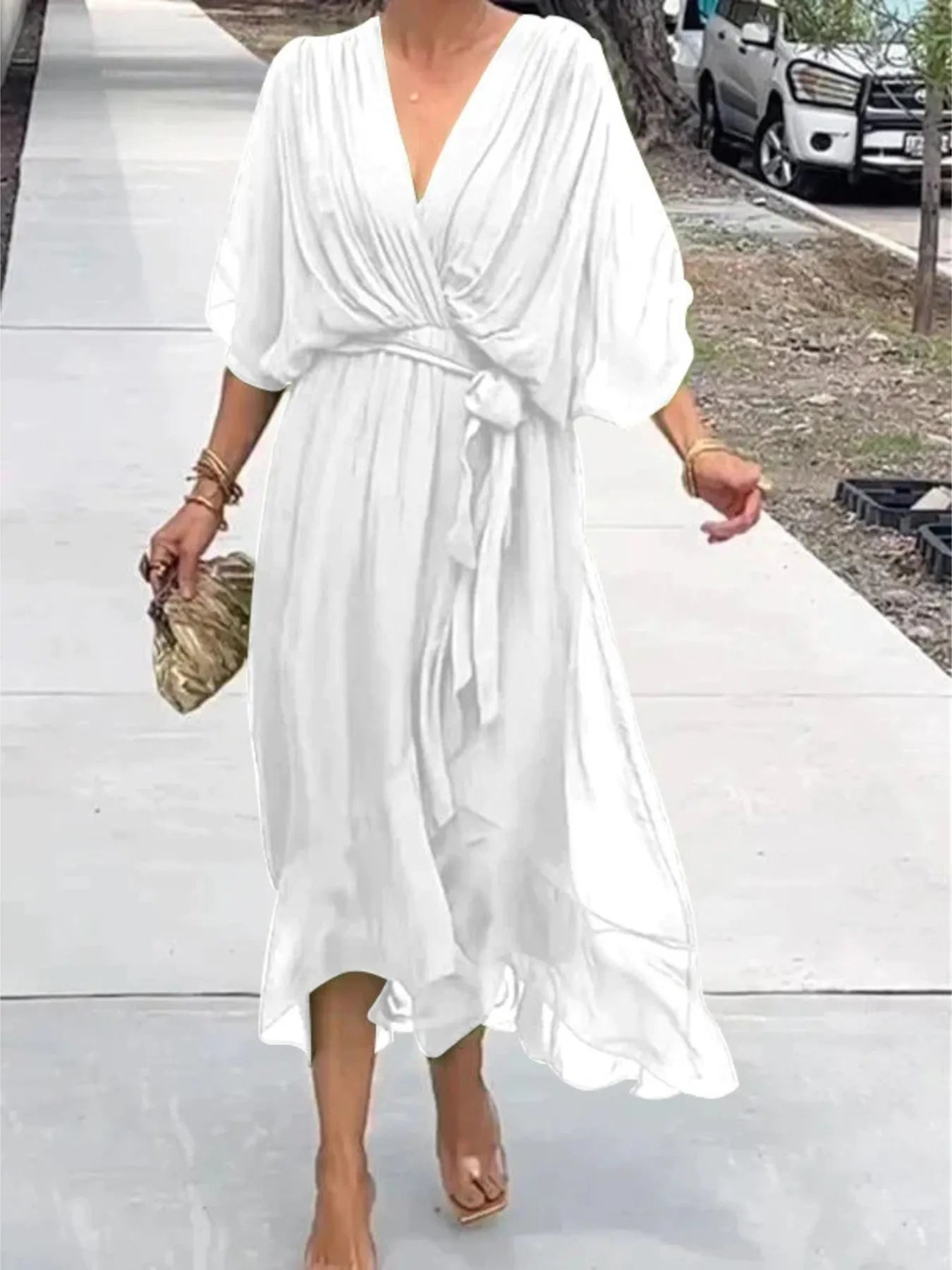 Full Size Flowy Tie Front Midi Dress with Flutter Sleeves Plus Size - Flip Flop Dynasty
