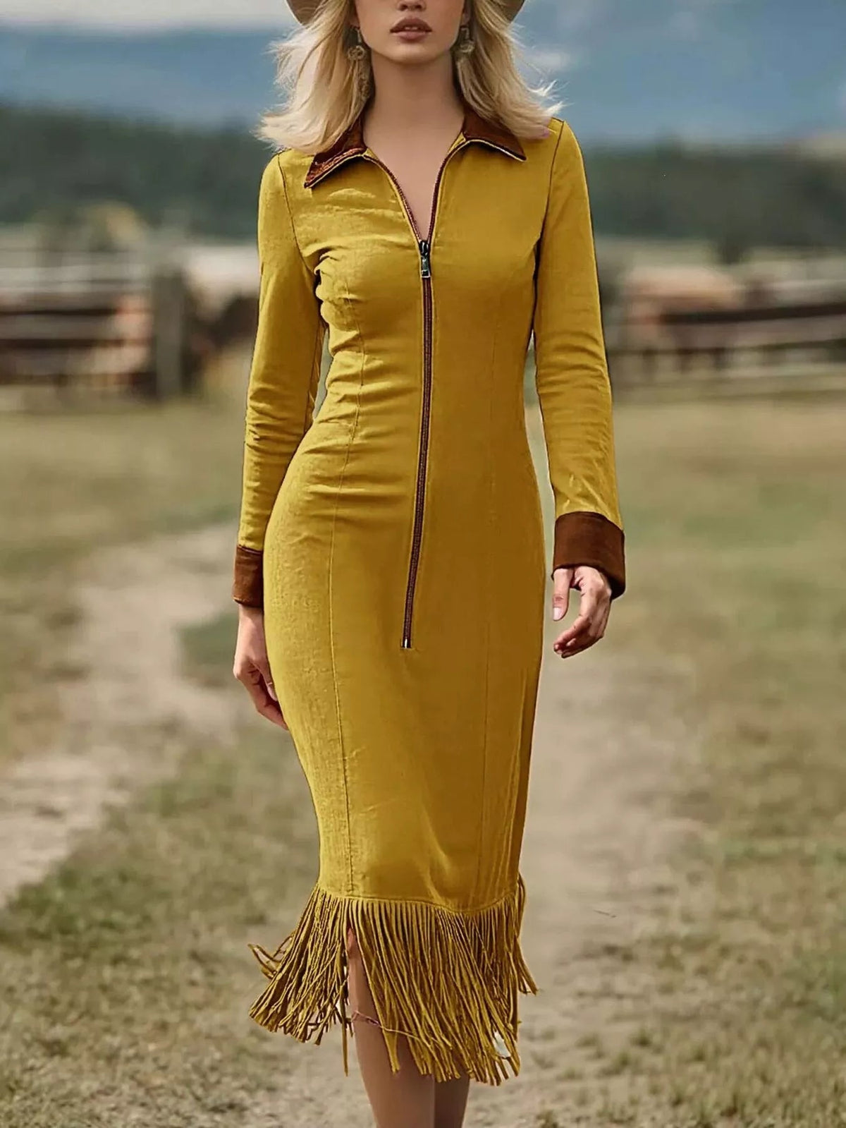 Full Size Fringe Hem Zip Front Midi Dress Plus Size - Flip Flop Dynasty