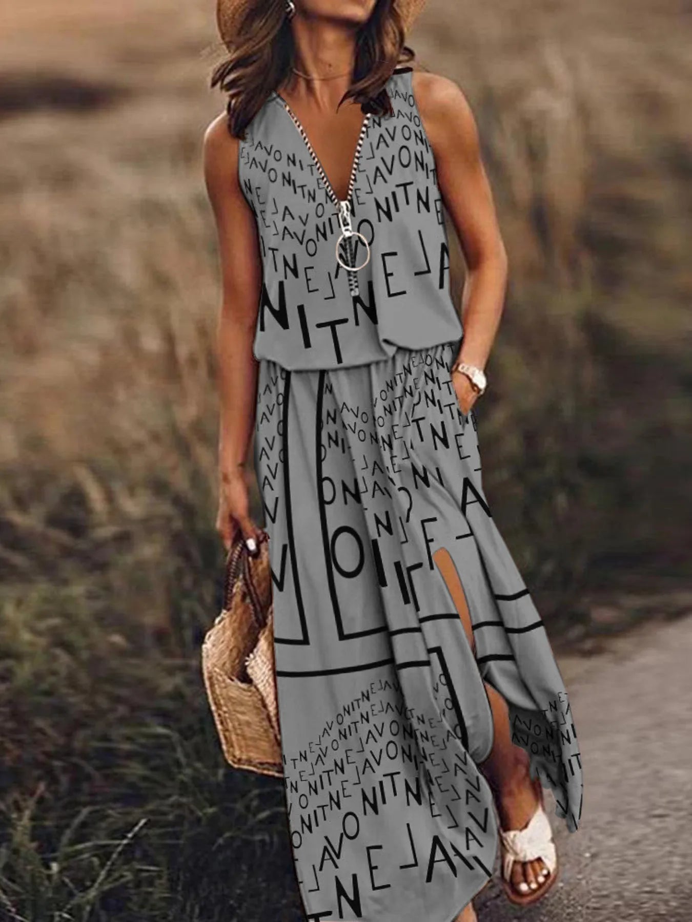 Full Size Half Zip Sleeveless Maxi Dress with Side Slit Plus Size - Flip Flop Dynasty