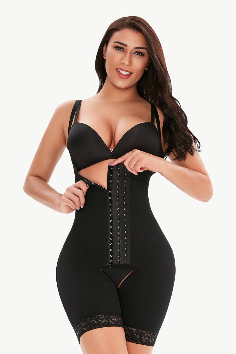Full Size Hook - and - Eye Lace Trim Shaping Bodysuit - Flip Flop Dynasty