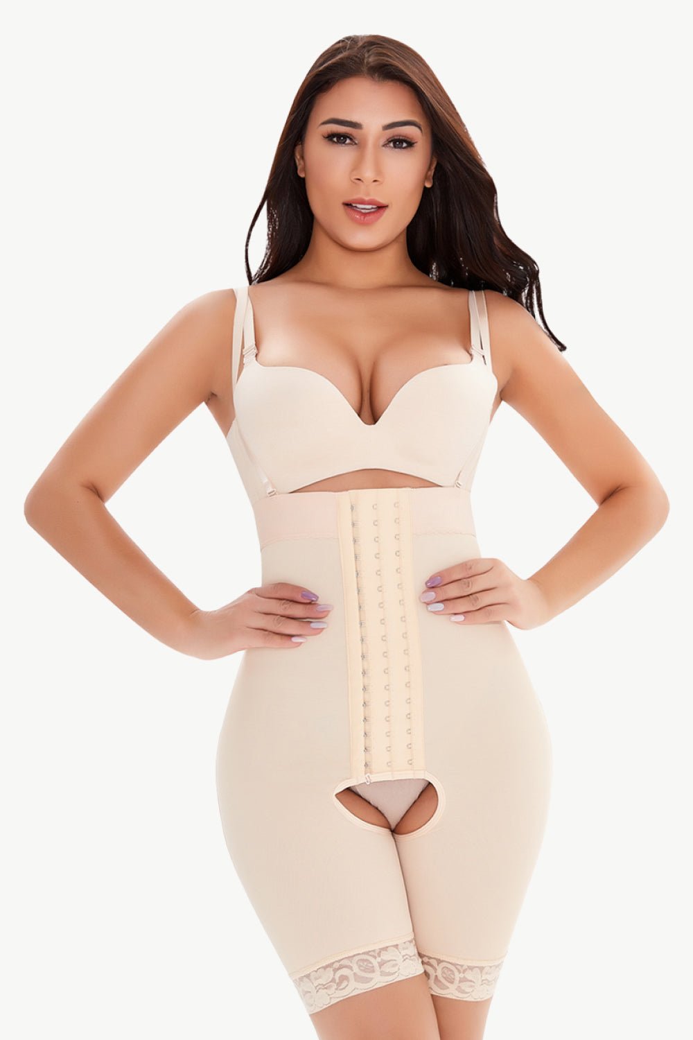 Full Size Hook - and - Eye Lace Trim Shaping Bodysuit - Flip Flop Dynasty