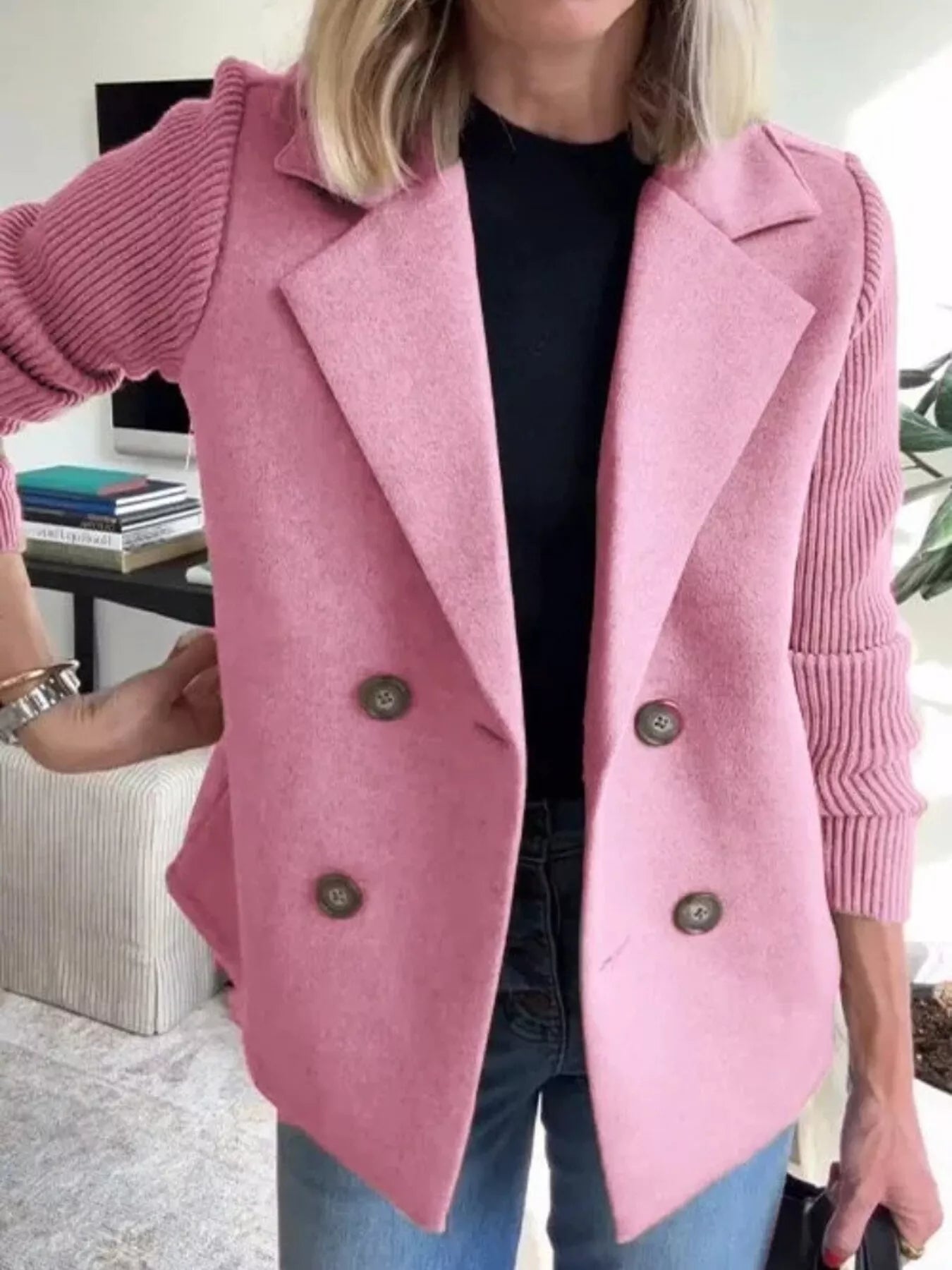 Full Size Knitted Sleeve Wool Blend Double - Breasted Blazer Plus Size - Flip Flop Dynasty