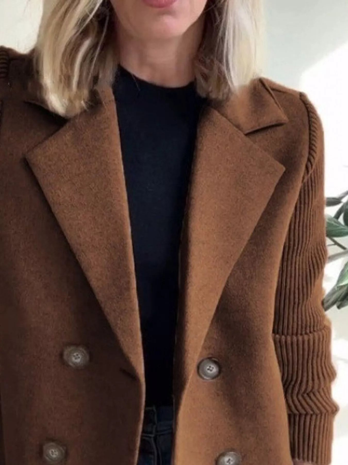 Full Size Knitted Sleeve Wool Blend Double - Breasted Blazer Plus Size - Flip Flop Dynasty