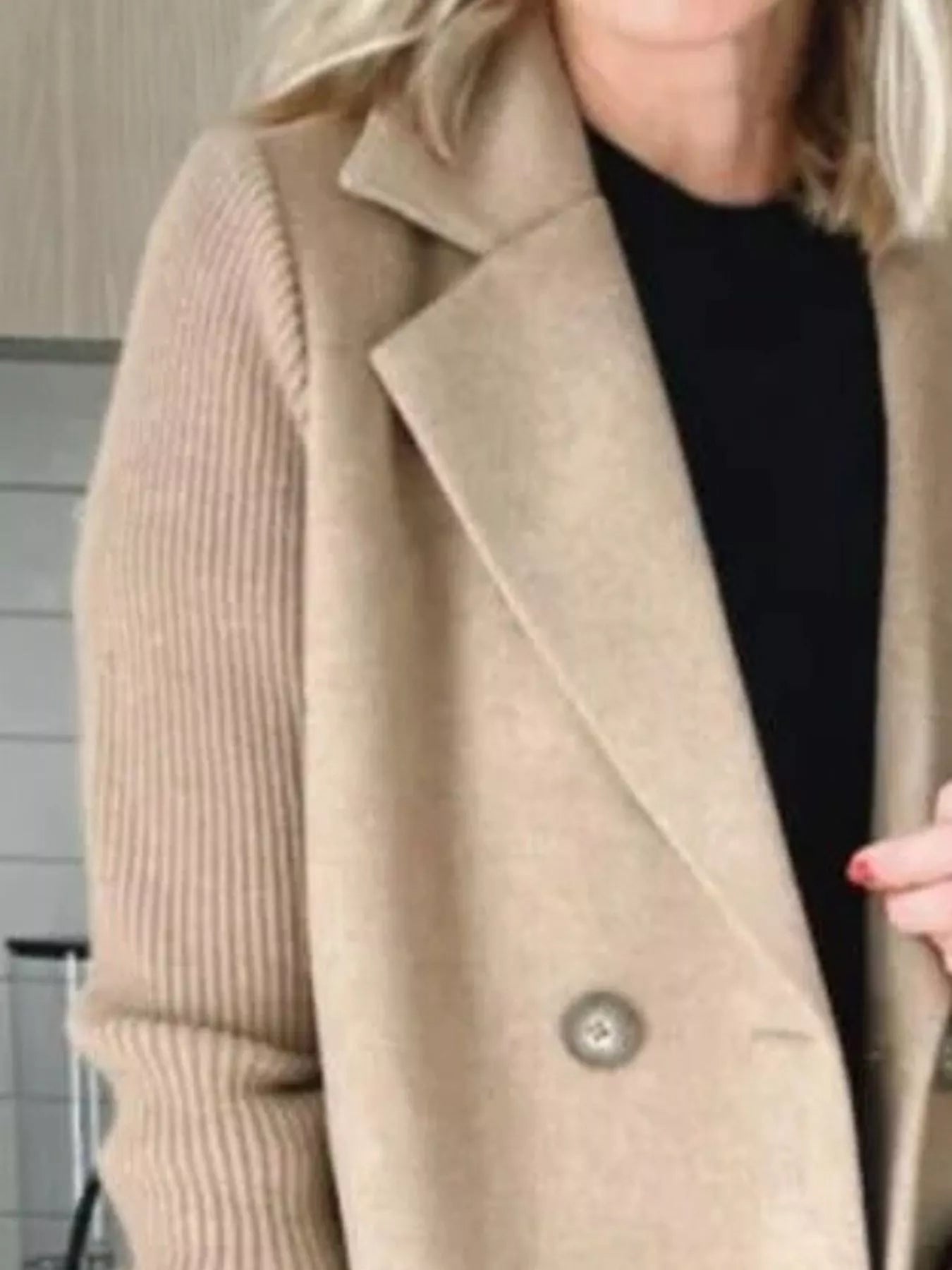 Full Size Knitted Sleeve Wool Blend Double - Breasted Blazer Plus Size - Flip Flop Dynasty