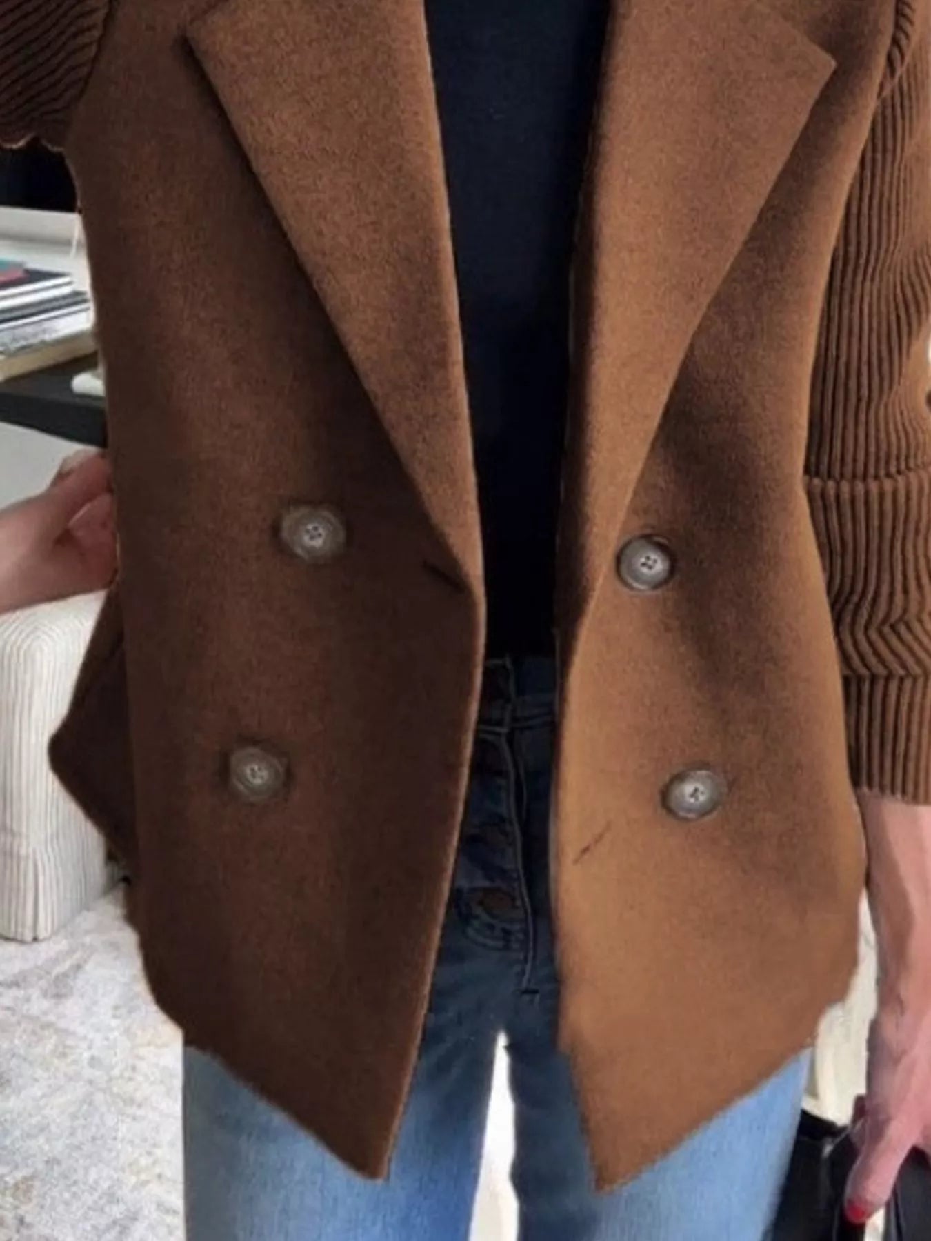 Full Size Knitted Sleeve Wool Blend Double - Breasted Blazer Plus Size - Flip Flop Dynasty